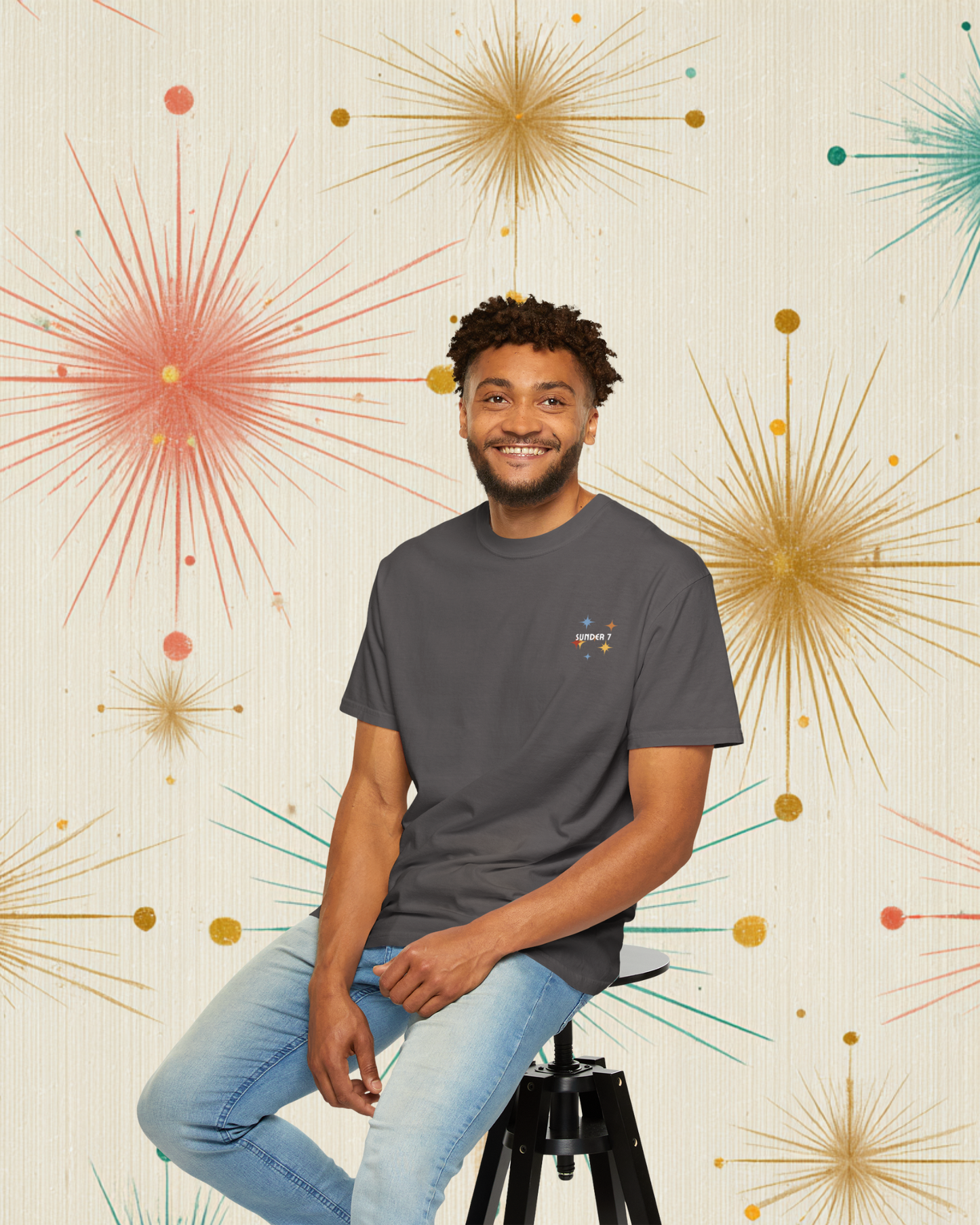 Sunder 7 Midcentury Modern Graphic Tshirt with Atomic era aesthetic Graphite