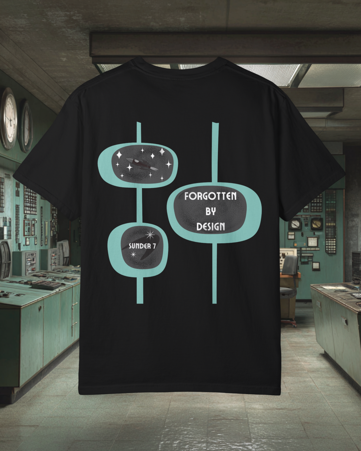 Forgotten By Design Sunder 7 Midcentury Modern Graphic Tshirt with Atomic era aesthetic Black