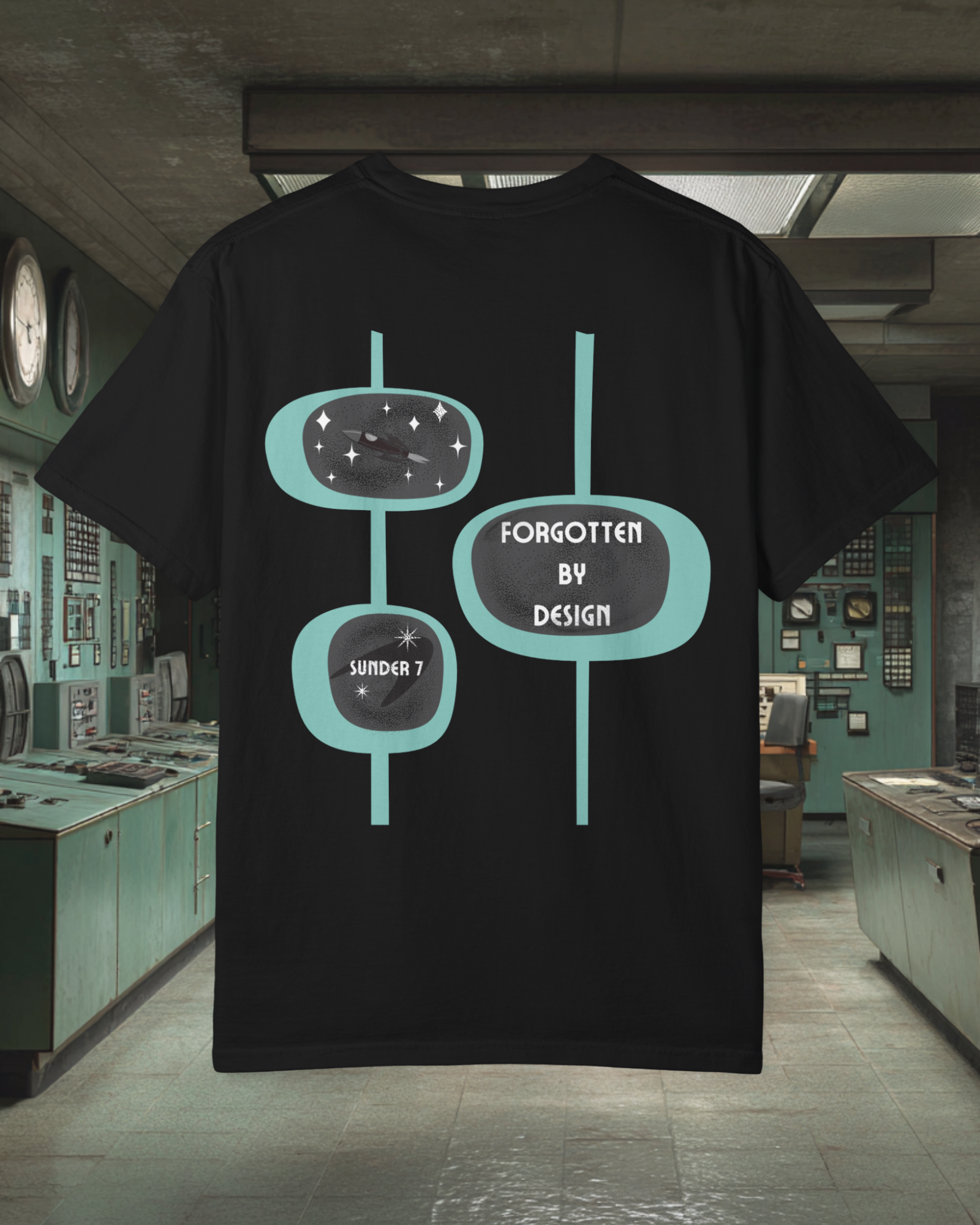 Forgotten By Design Sunder 7 Midcentury Modern Graphic Tshirt with Atomic era aesthetic Black