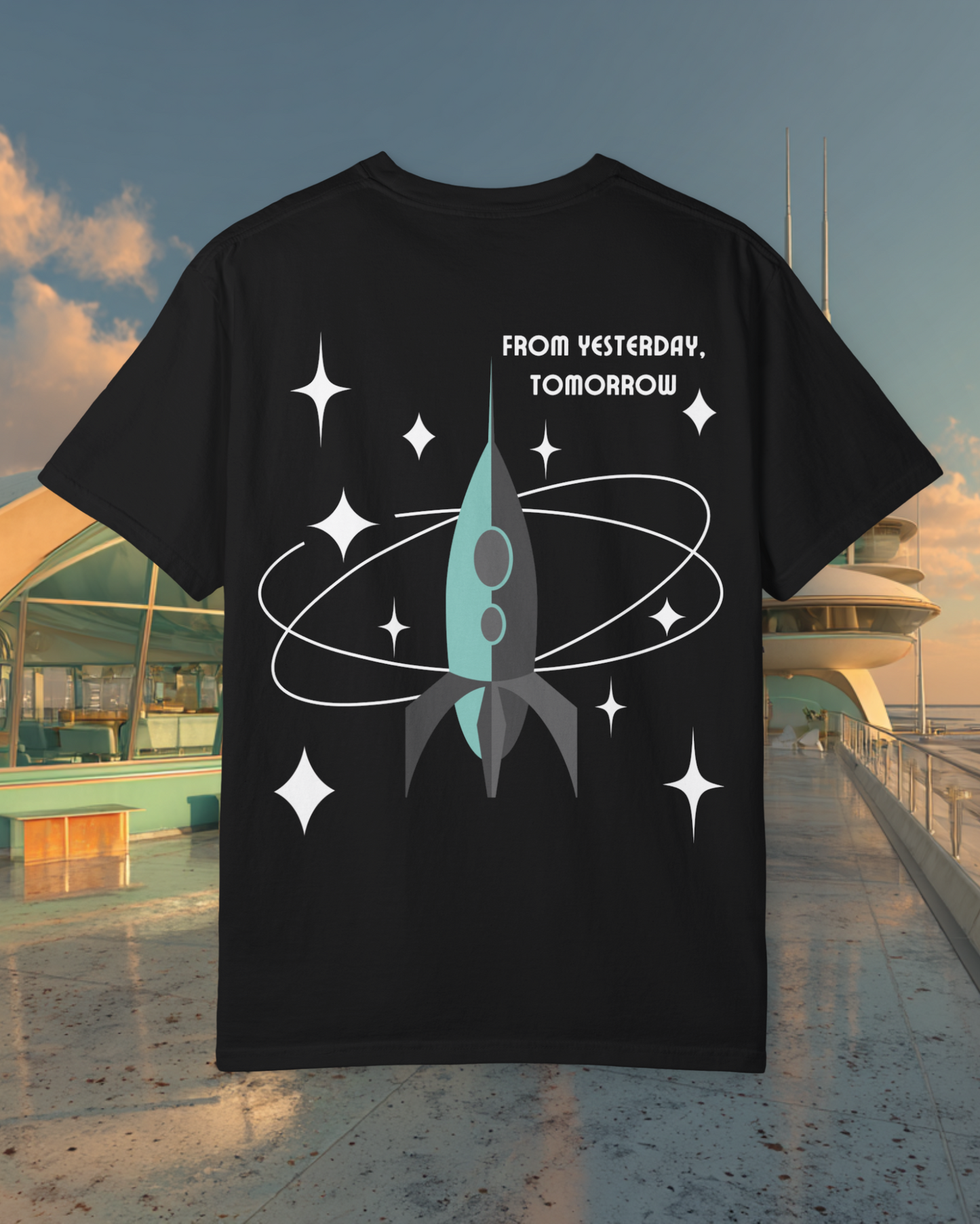 From Yesterday Tomorrow Sunder 7 Midcentury Modern Graphic Tshirt with Atomic era aesthetic Black