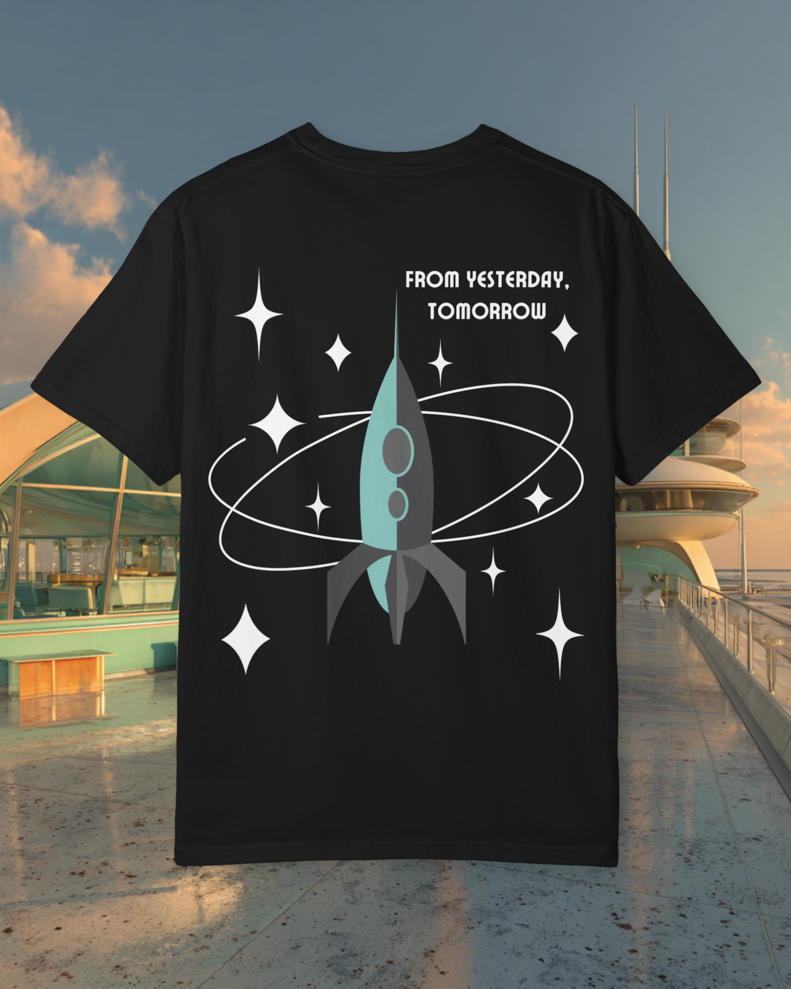 From Yesterday Tomorrow Sunder 7 Midcentury Modern Graphic Tshirt with Atomic era aesthetic Black