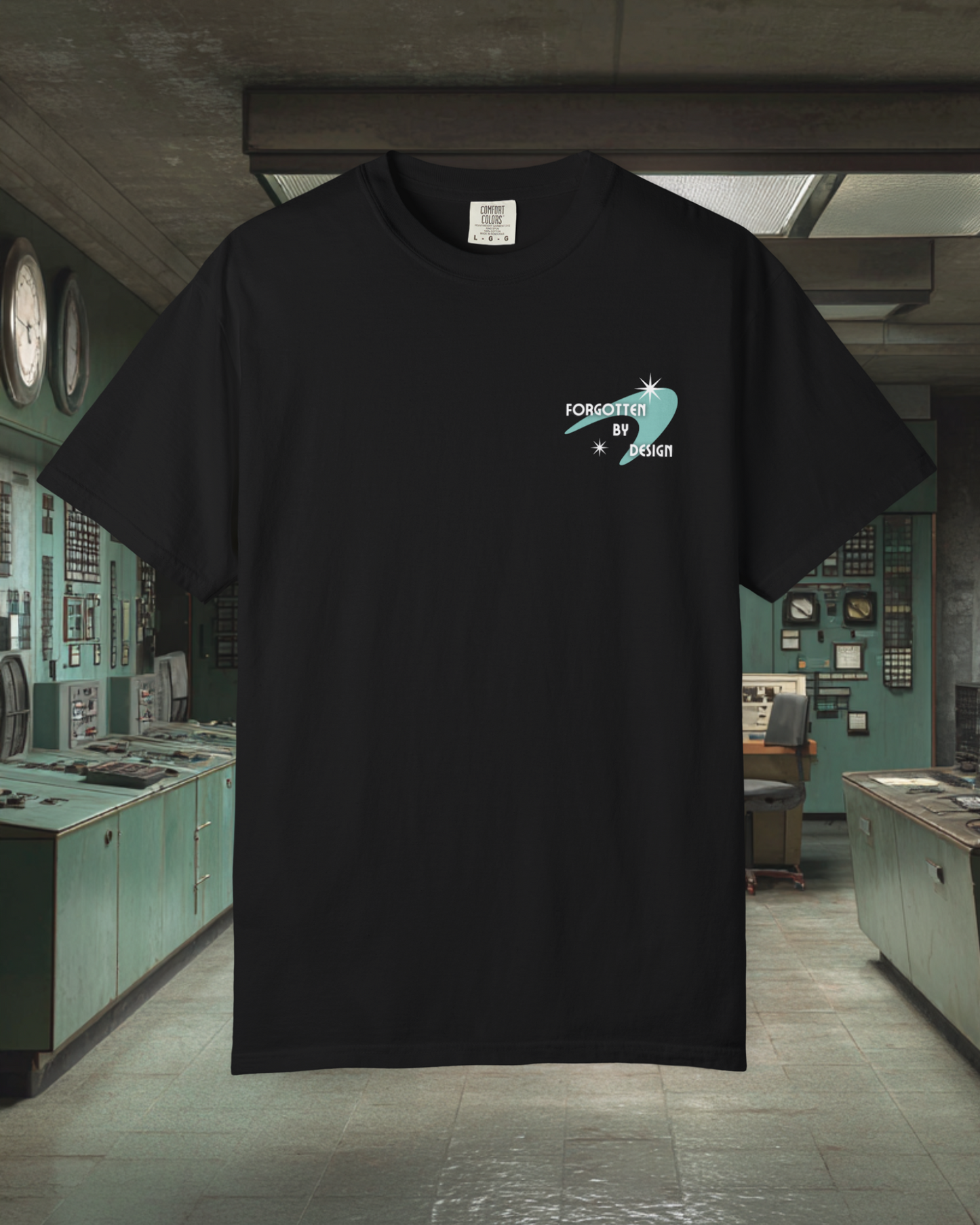 Forgotten By Design Sunder 7 Midcentury Modern Graphic Tshirt with Atomic era aesthetic Black