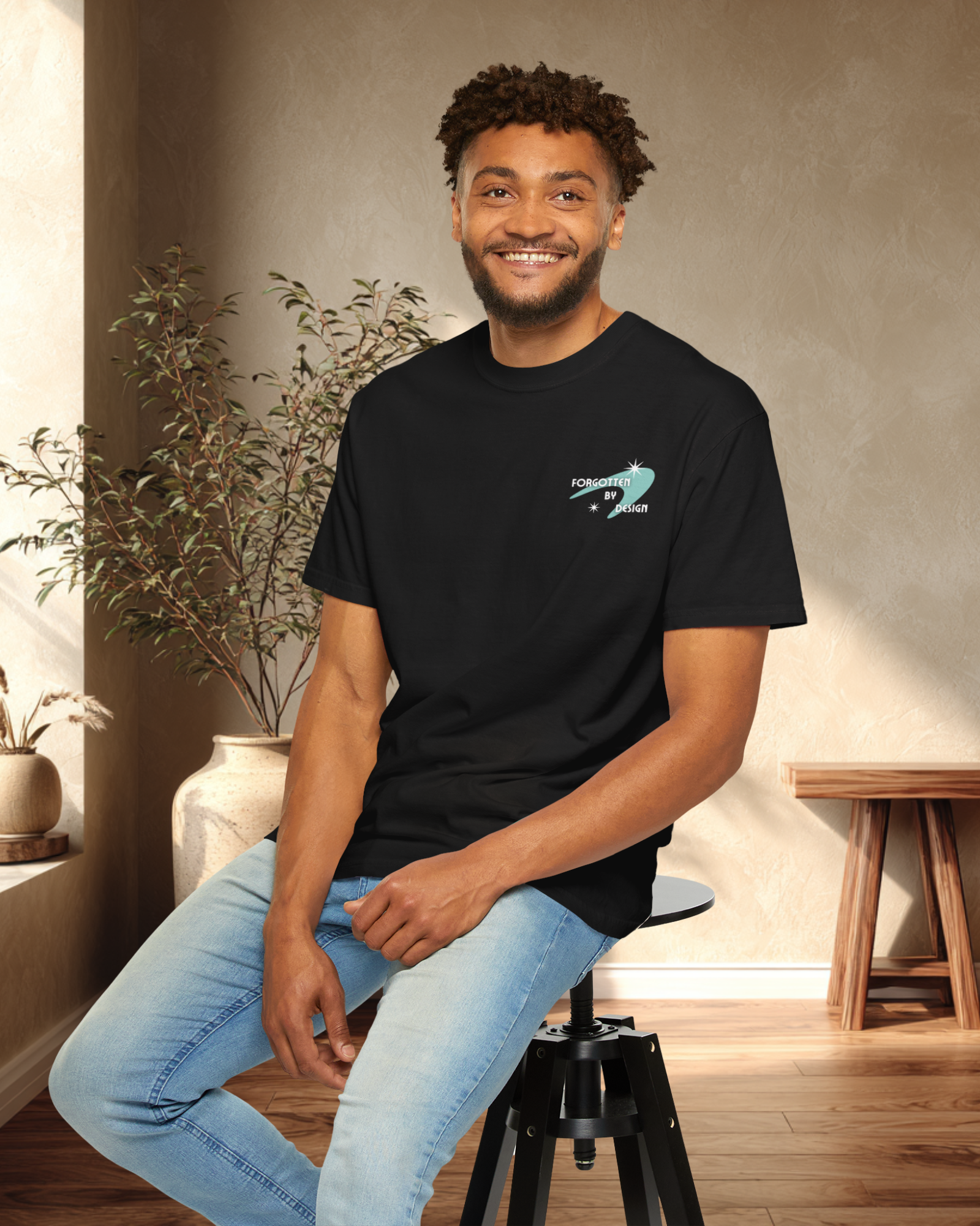 Forgotten By Design Sunder 7 Midcentury Modern Graphic Tshirt with Atomic era aesthetic Black