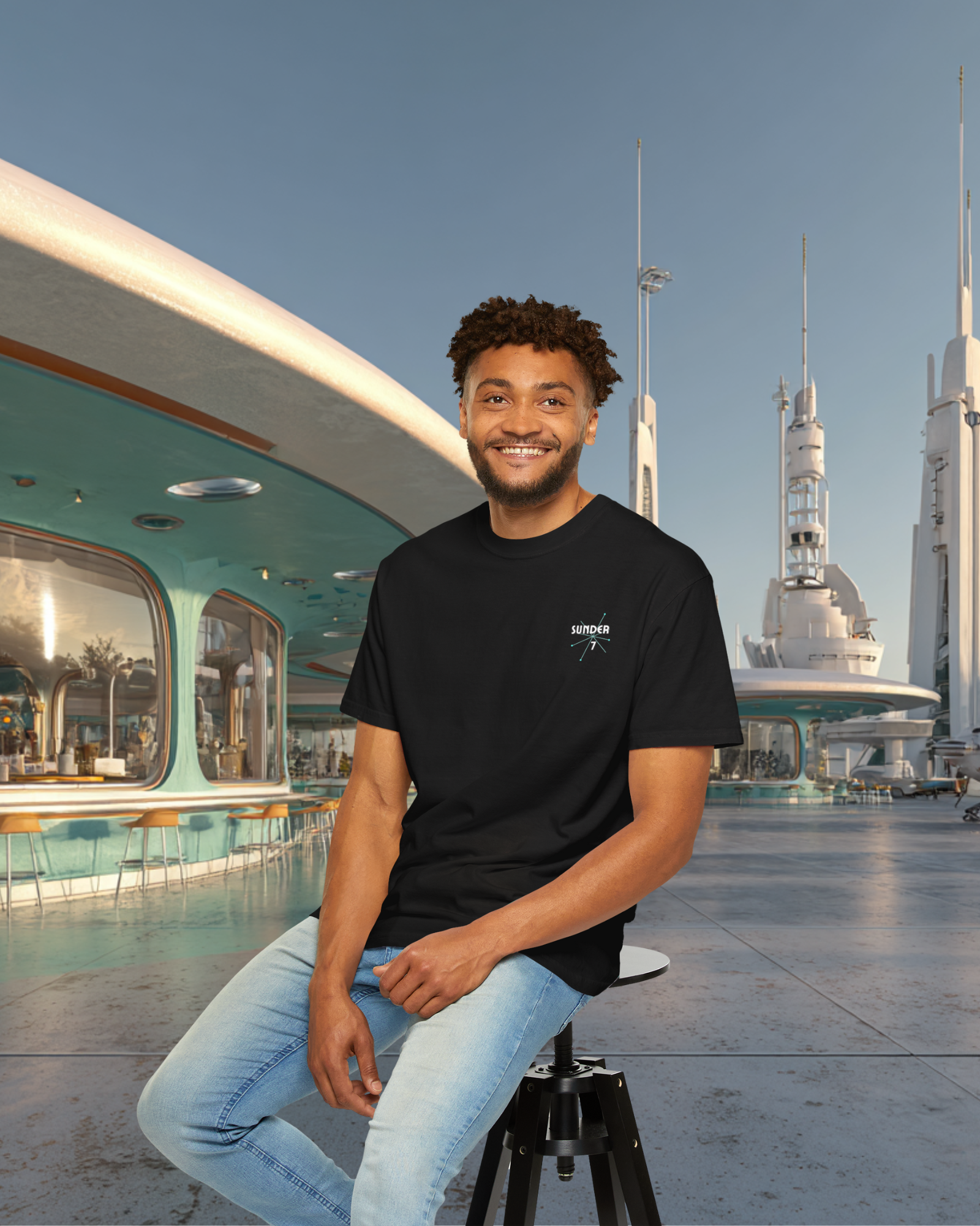 From Yesterday Tomorrow Sunder 7 Midcentury Modern Graphic Tshirt with Atomic era aesthetic Black