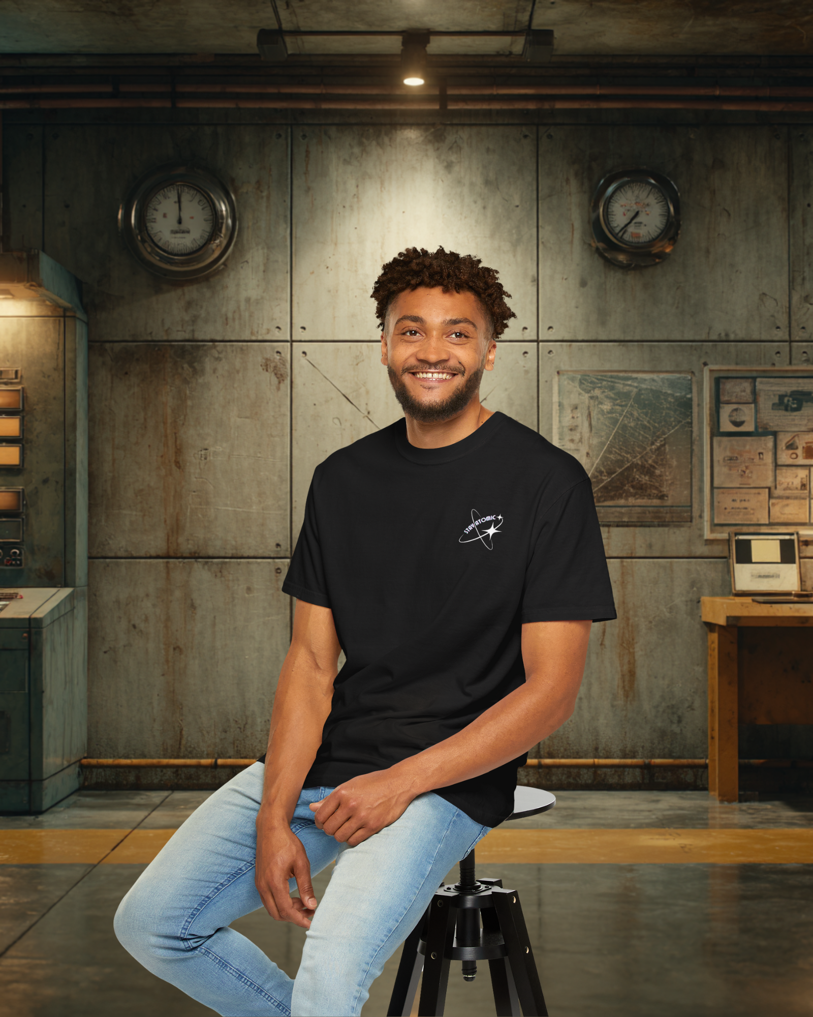 Stay Atomic Sunder 7 Midcentury Modern Graphic Tshirt with Atomic era aesthetic Black