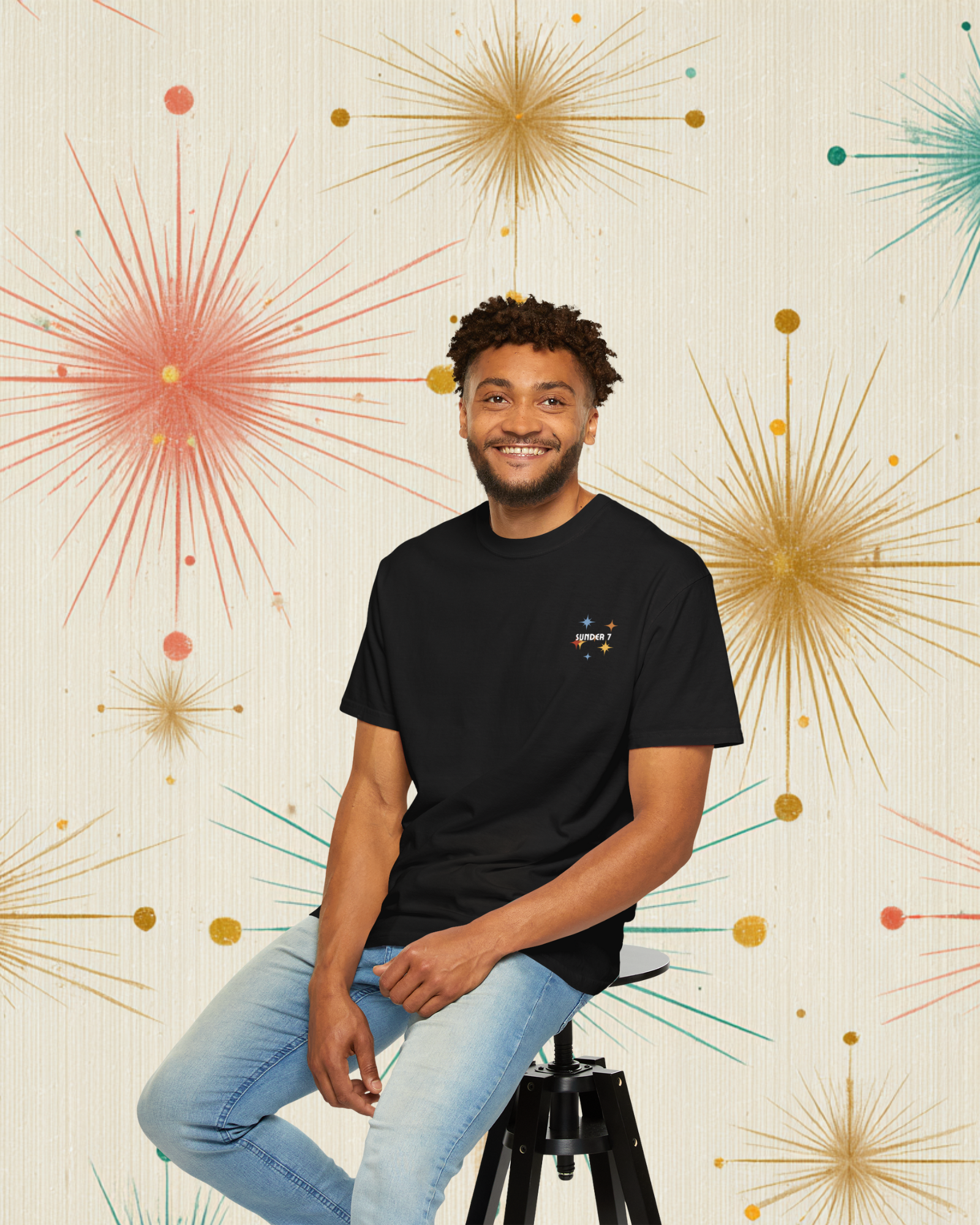 Sunder 7 Midcentury Modern Graphic Tshirt with Atomic era aesthetic Black