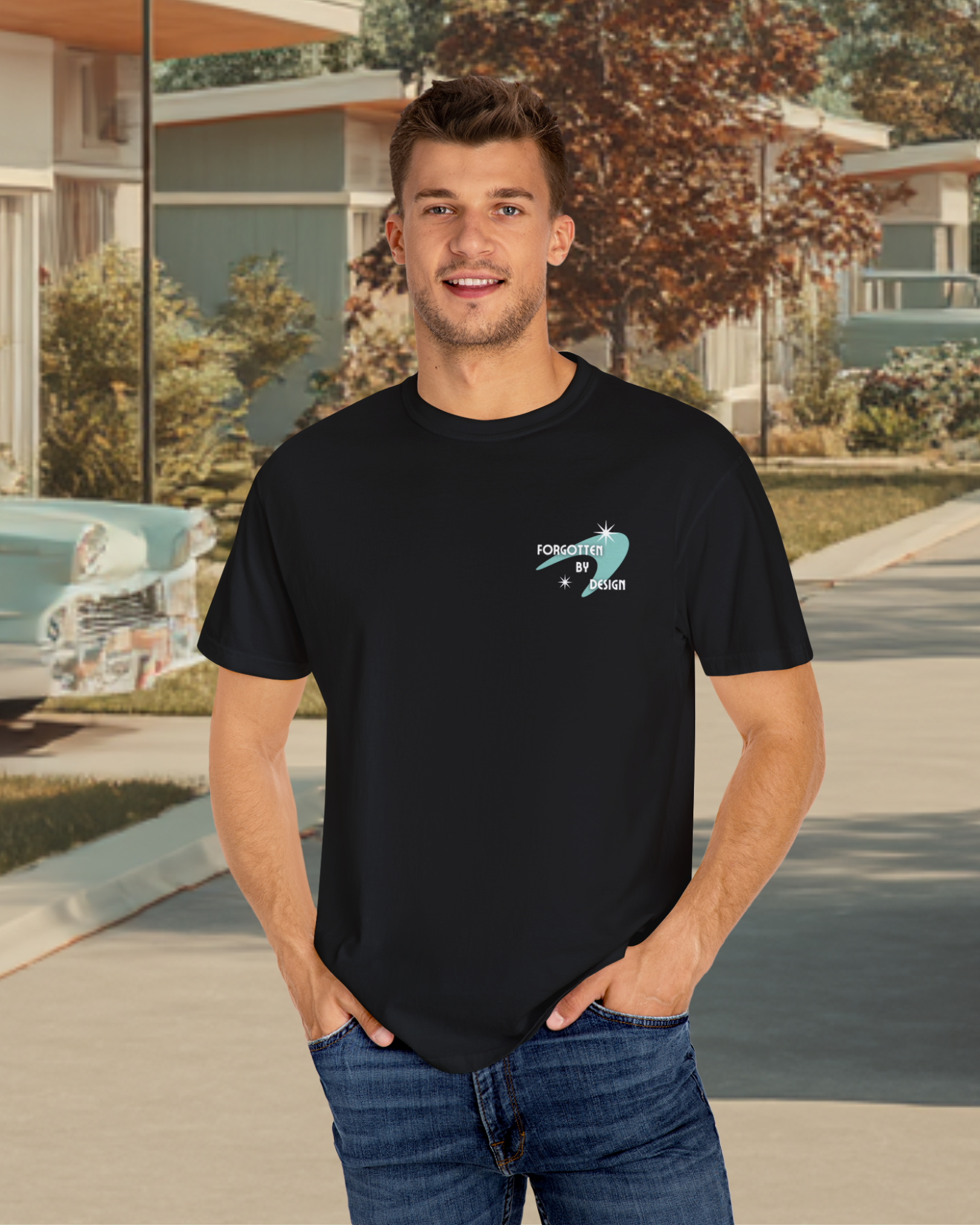 Forgotten By Design Sunder 7 Midcentury Modern Graphic Tshirt with Atomic era aesthetic Black