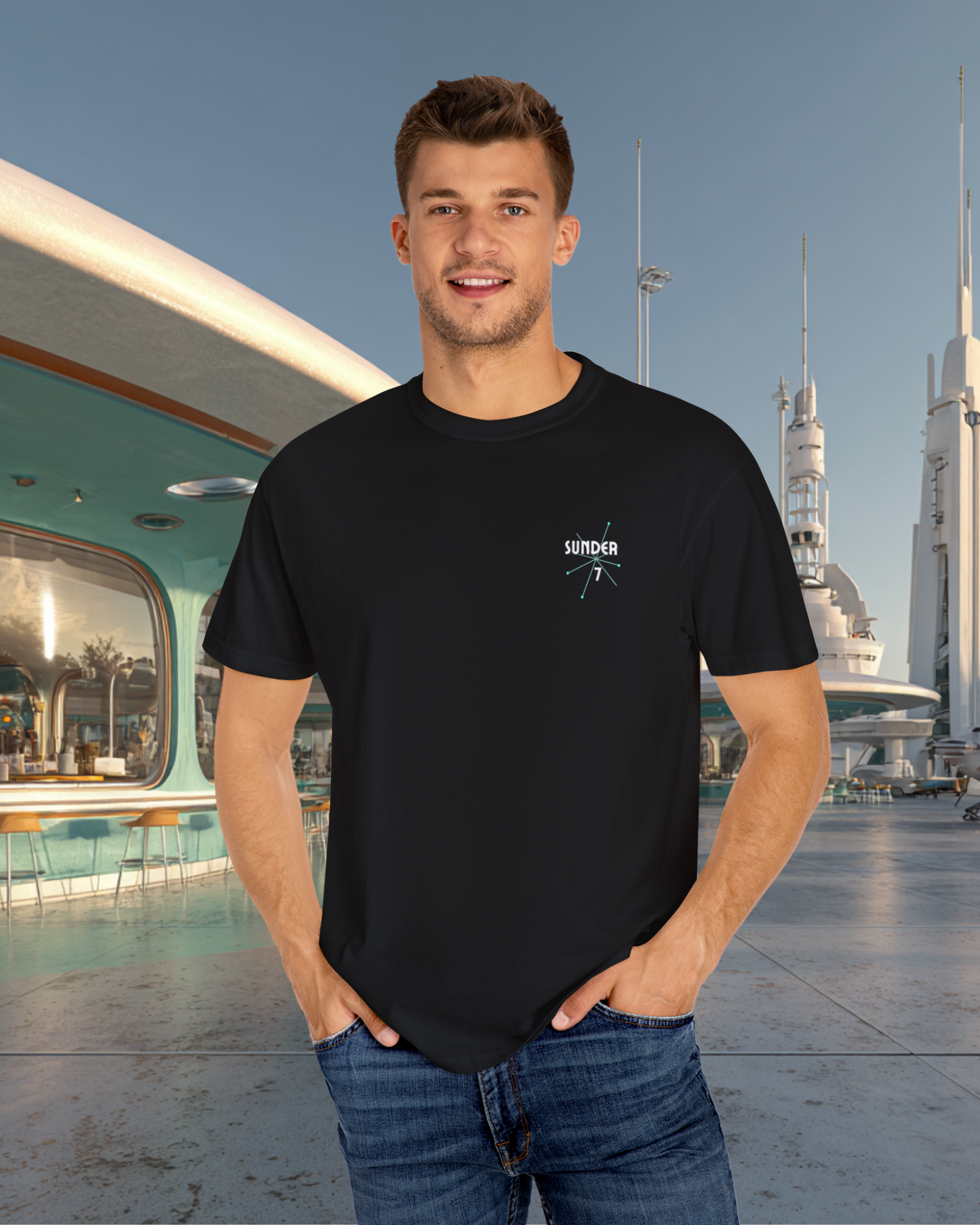 From Yesterday Tomorrow Sunder 7 Midcentury Modern Graphic Tshirt with Atomic era aesthetic Black