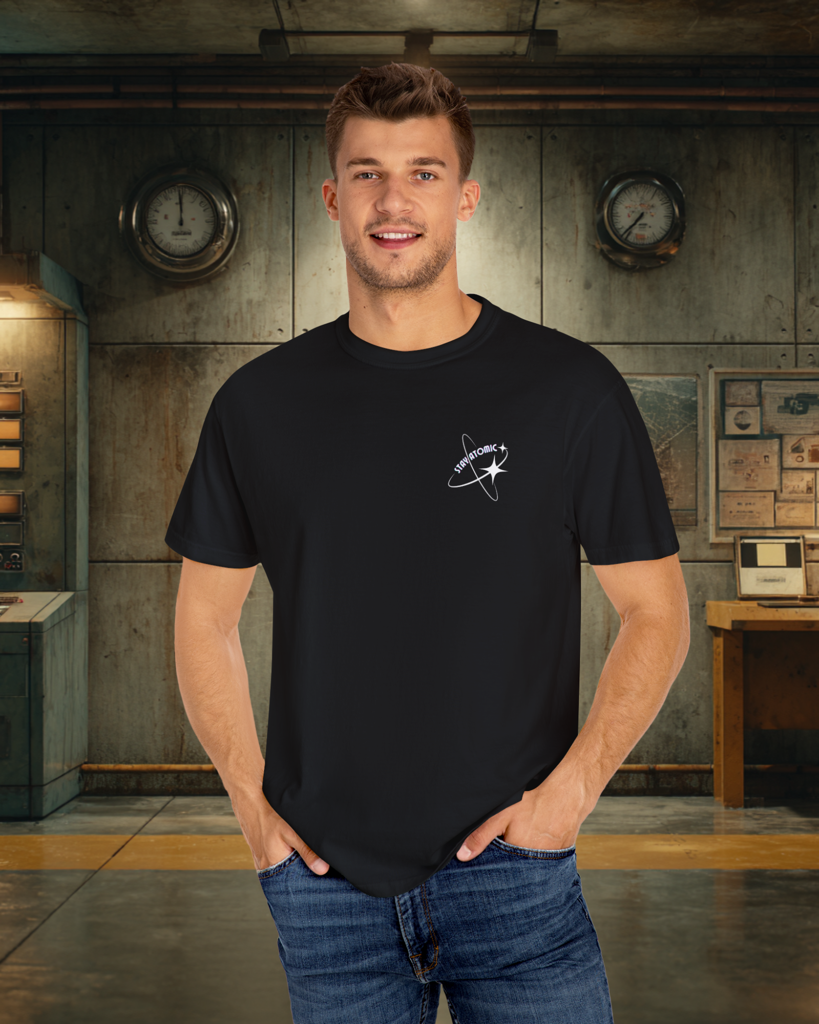 Stay Atomic Sunder 7 Midcentury Modern Graphic Tshirt with Atomic era aesthetic  Black