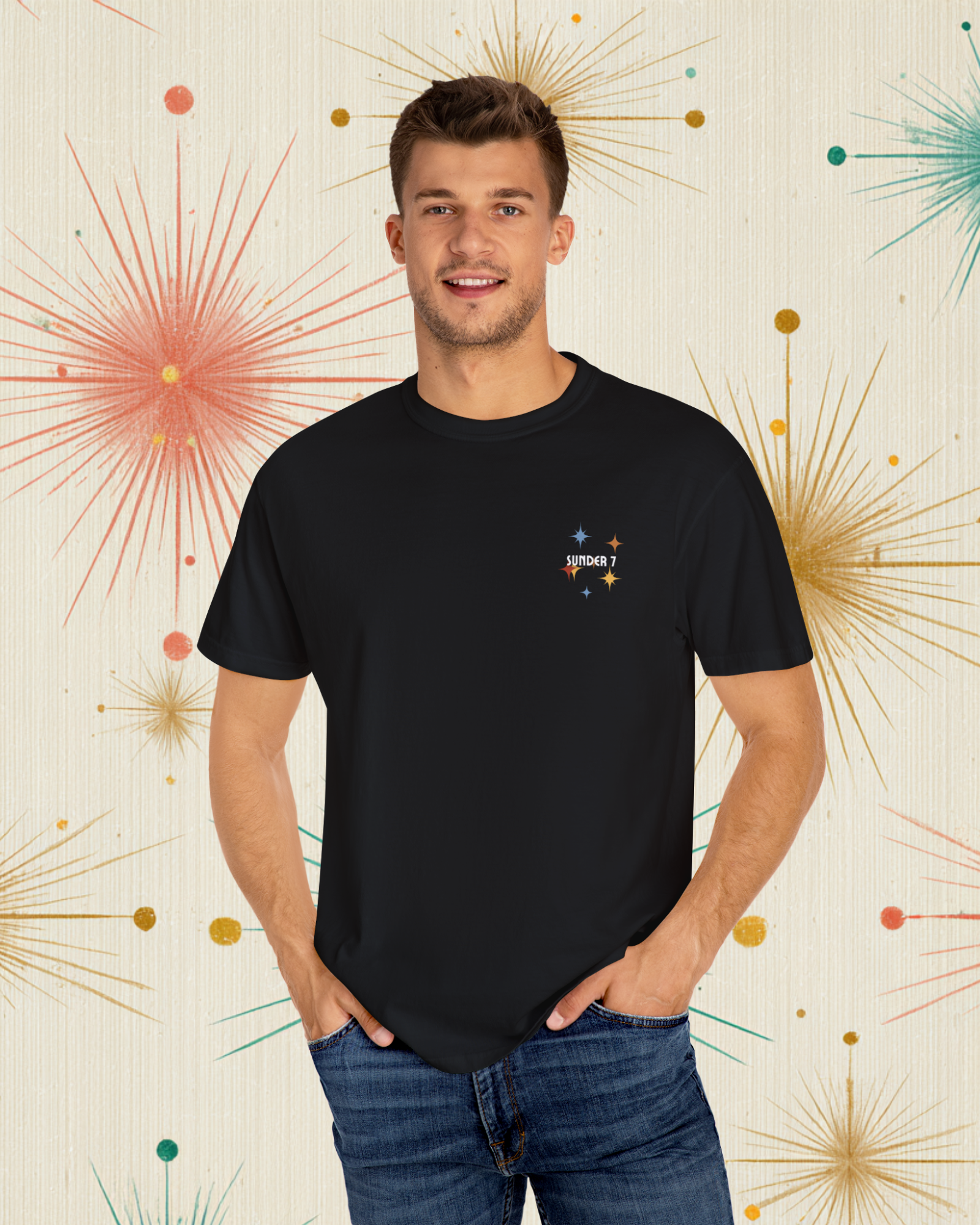 Sunder 7 Midcentury Modern Graphic Tshirt with Atomic era aesthetic Black