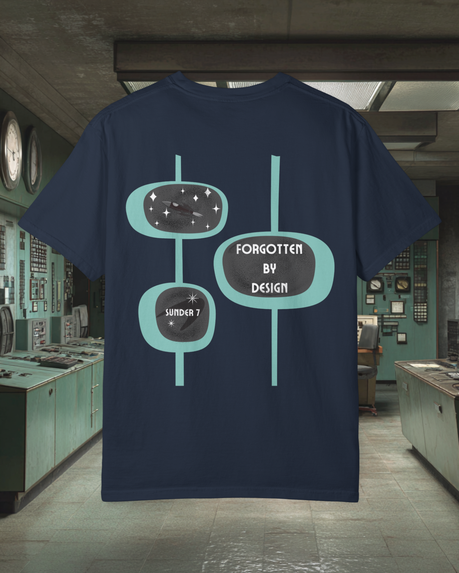Forgotten By Design Sunder 7 Midcentury Modern Graphic Tshirt with Atomic era aesthetic True Navy