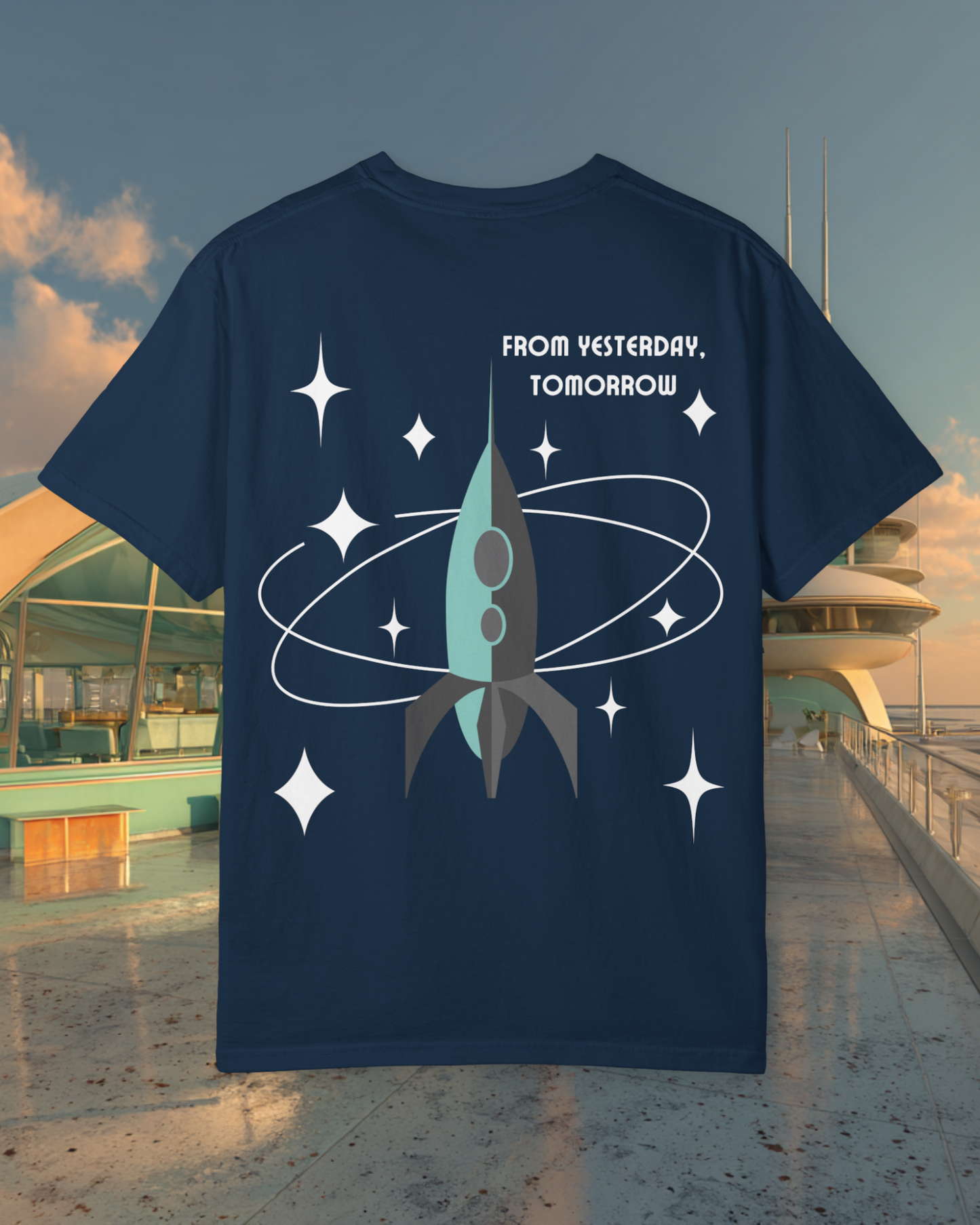 From Yesterday Tomorrow Sunder 7 Midcentury Modern Graphic Tshirt with Atomic era aesthetic  True Navy