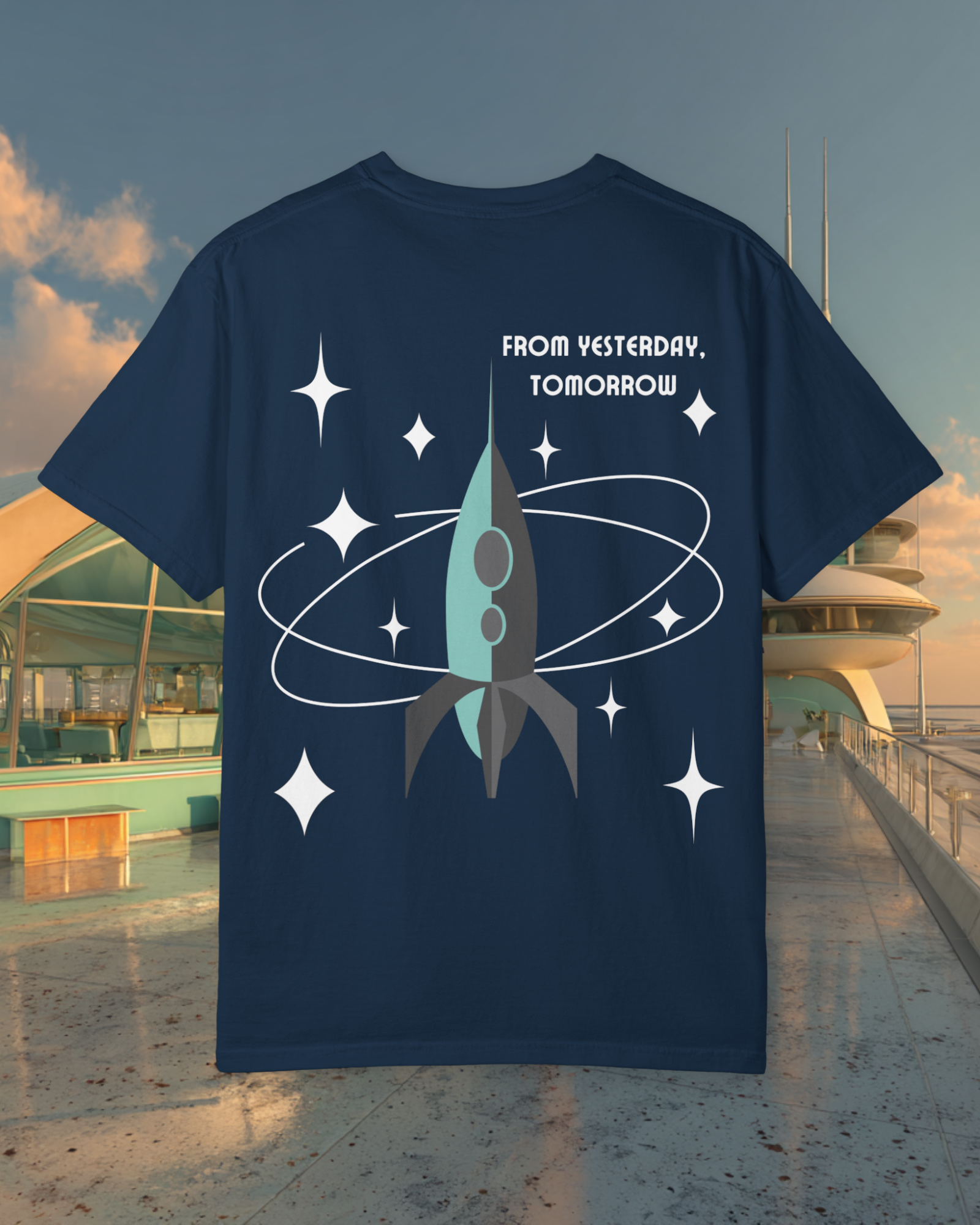 From Yesterday Tomorrow Sunder 7 Midcentury Modern Graphic Tshirt with Atomic era aesthetic  True Navy