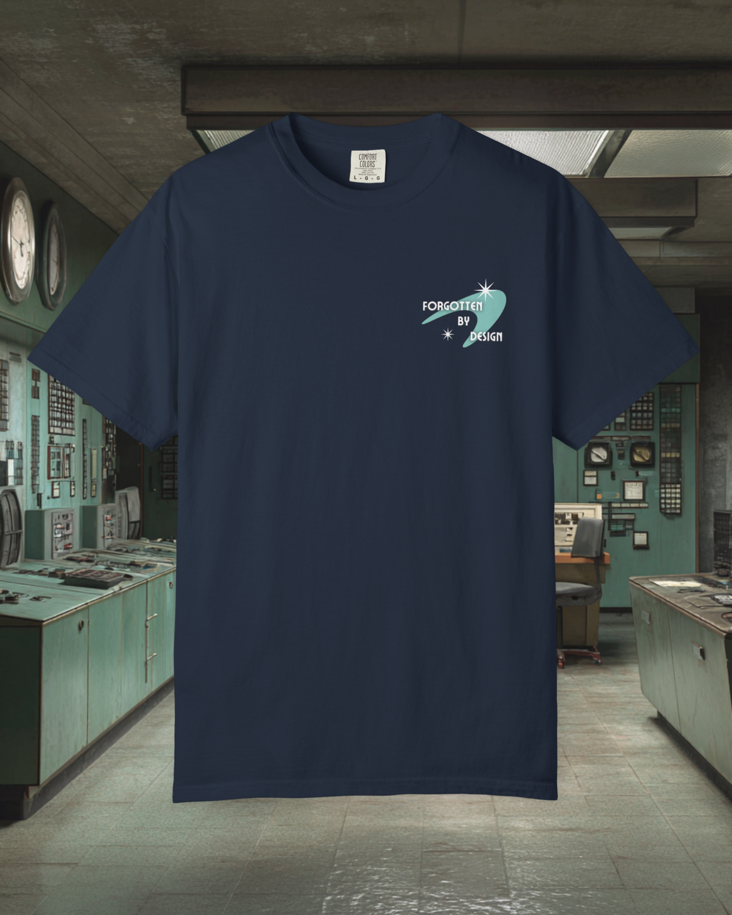 Forgotten By Design Sunder 7 Midcentury Modern Graphic Tshirt with Atomic era aesthetic True Navy 