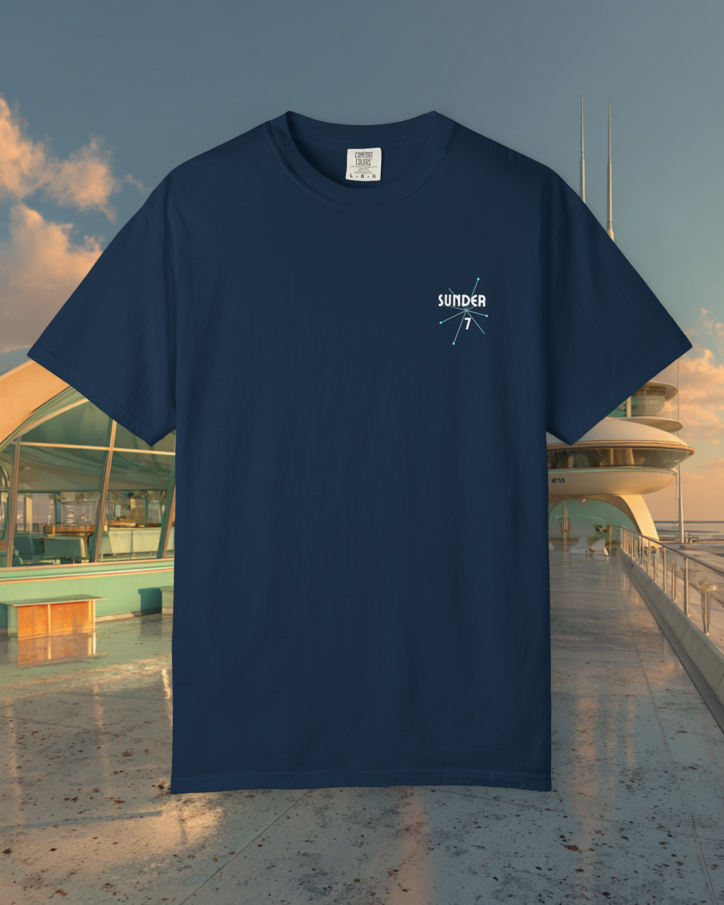 From Yesterday Tomorrow Sunder 7 Midcentury Modern Graphic Tshirt with Atomic era aesthetic True Navy