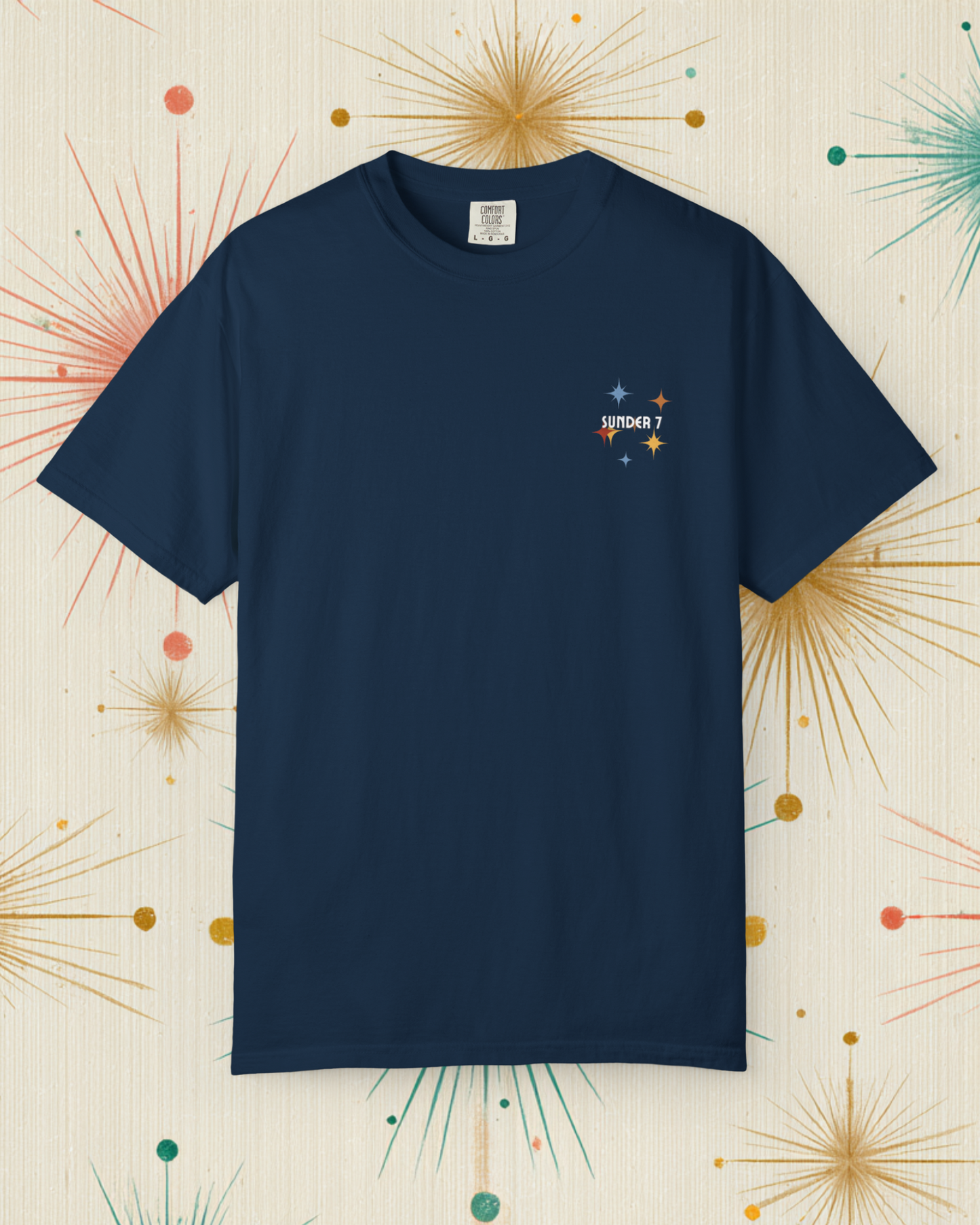 Sunder 7 Midcentury Modern Graphic Tshirt with Atomic era aesthetic True Navy