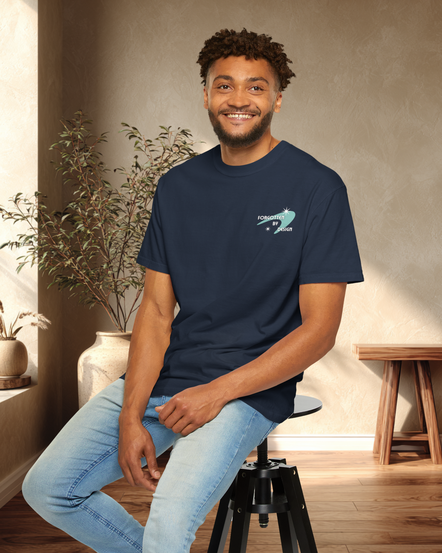 Forgotten By Design Sunder 7 Midcentury Modern Graphic Tshirt with Atomic era aesthetic True Navy