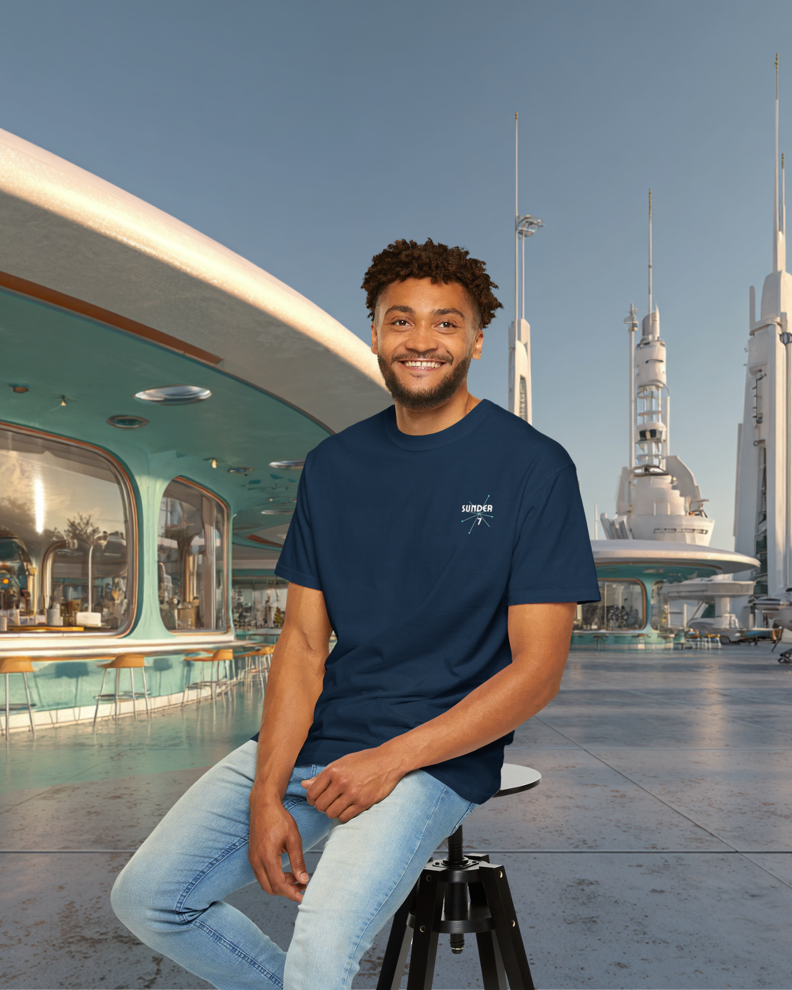 From Yesterday Tomorrow Sunder 7 Midcentury Modern Graphic Tshirt with Atomic era aesthetic True Navy