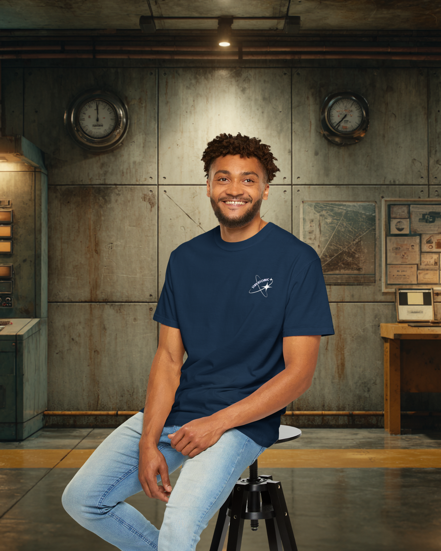 Stay Atomic Sunder 7 Midcentury Modern Graphic Tshirt with Atomic era aesthetic True Navy