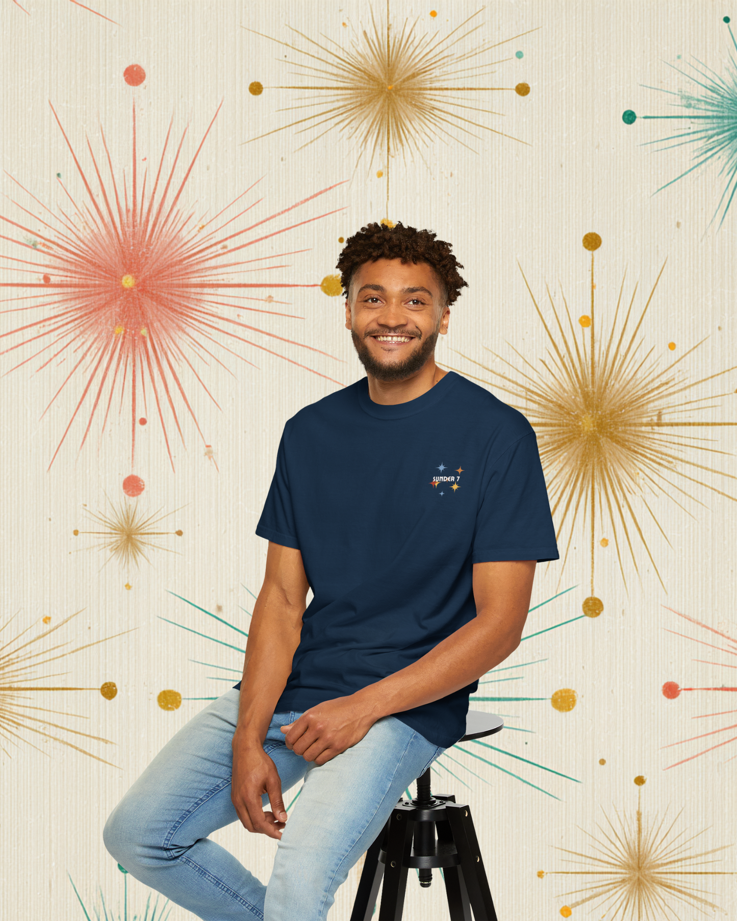 Sunder 7 Midcentury Modern Graphic Tshirt with Atomic era aesthetic True Navy