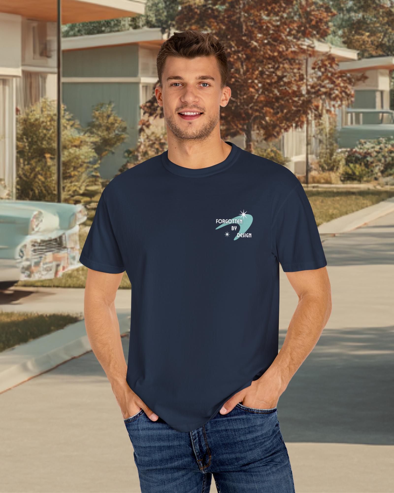 Forgotten By Design Sunder 7 Midcentury Modern Graphic Tshirt with Atomic era aesthetic  True Navy