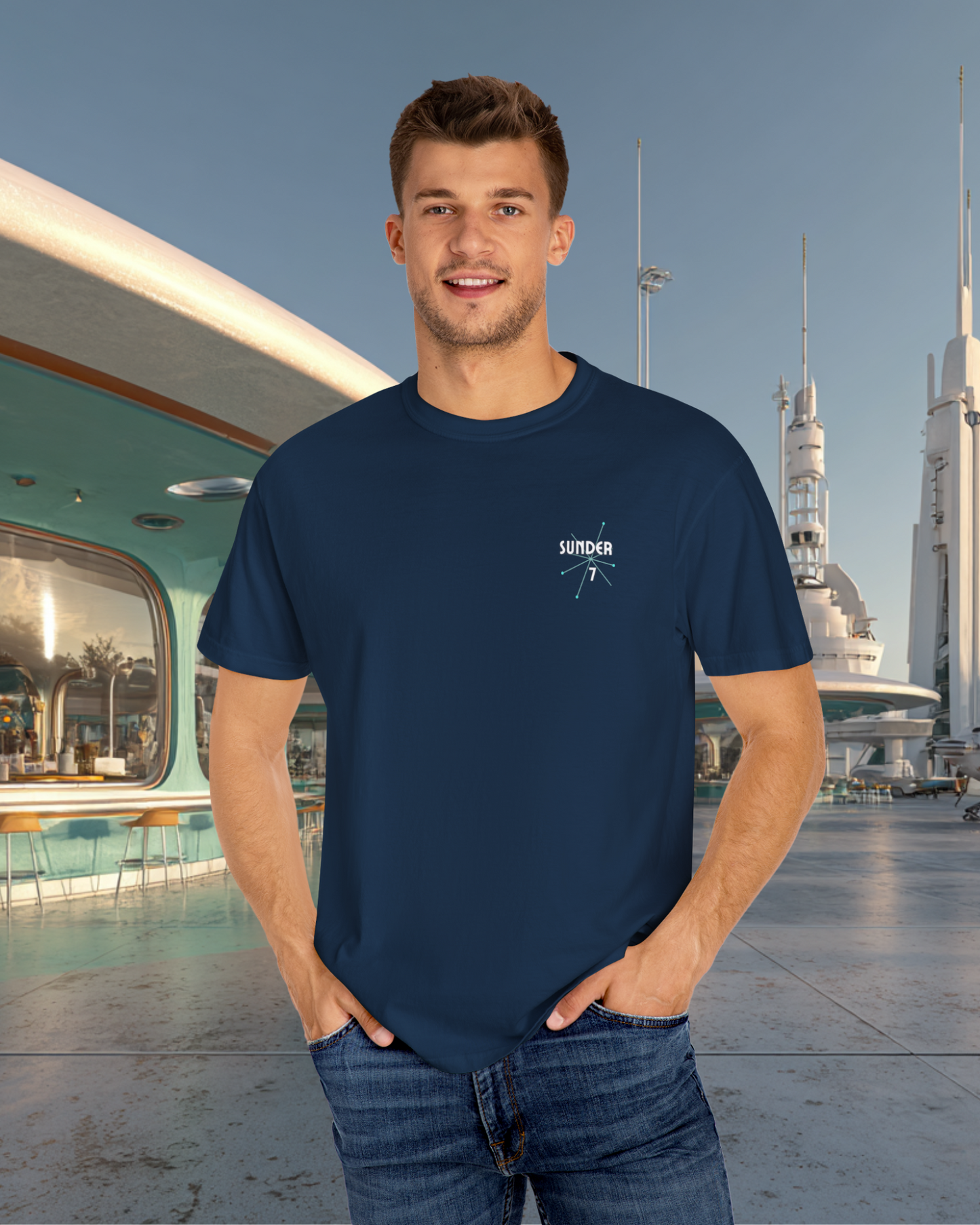 From Yesterday Tomorrow Sunder 7 Midcentury Modern Graphic Tshirt with Atomic era aesthetic True Navy