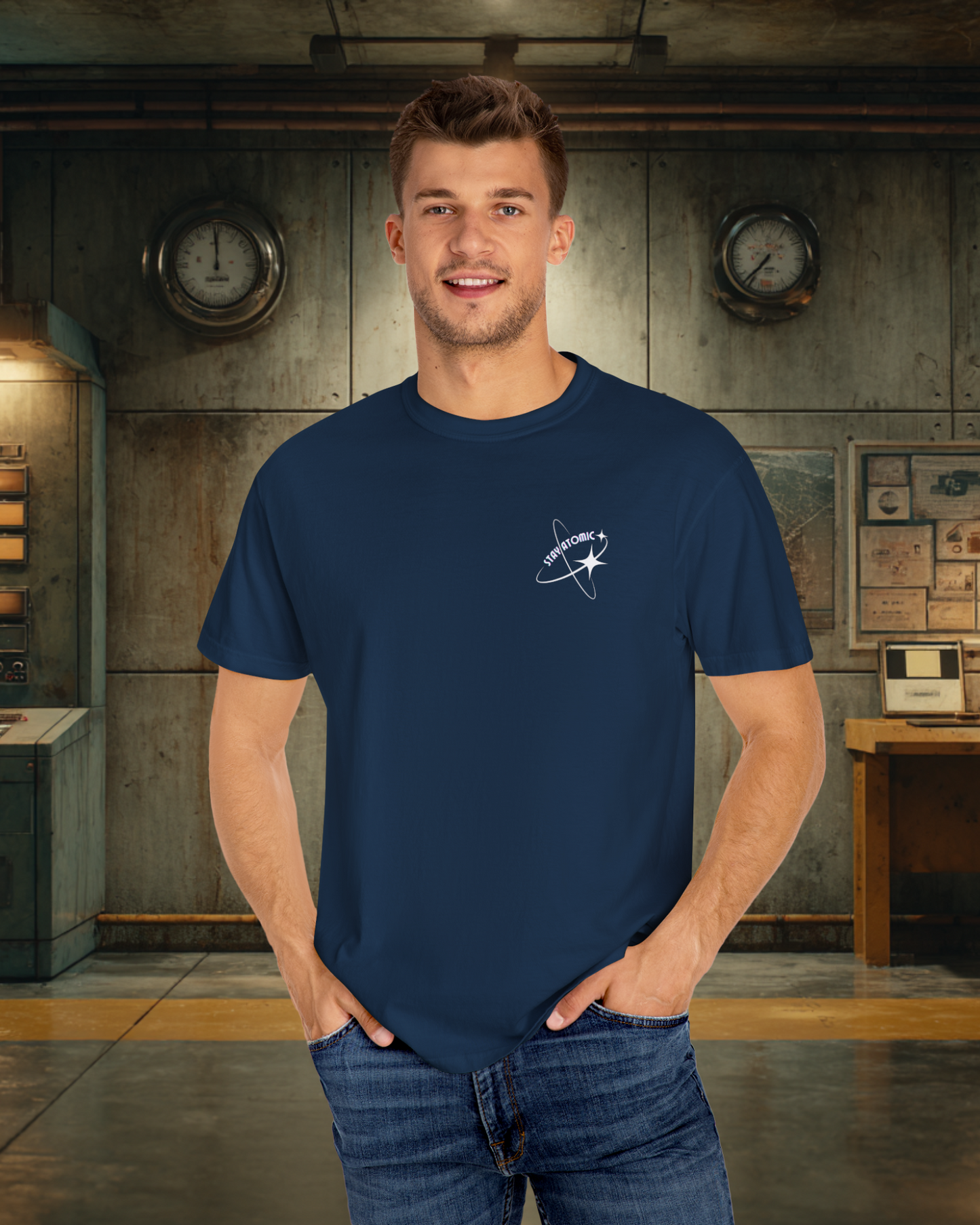 Stay Atomic Sunder 7 Midcentury Modern Graphic Tshirt with Atomic era aesthetic  True Navy