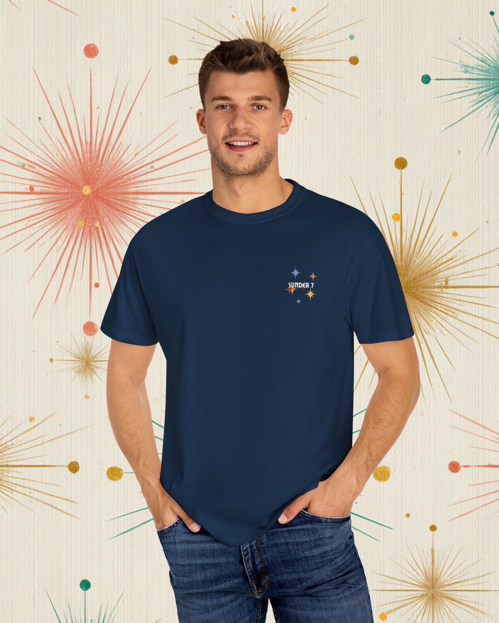 Sunder 7 Midcentury Modern Graphic Tshirt with Atomic era aesthetic True Navy