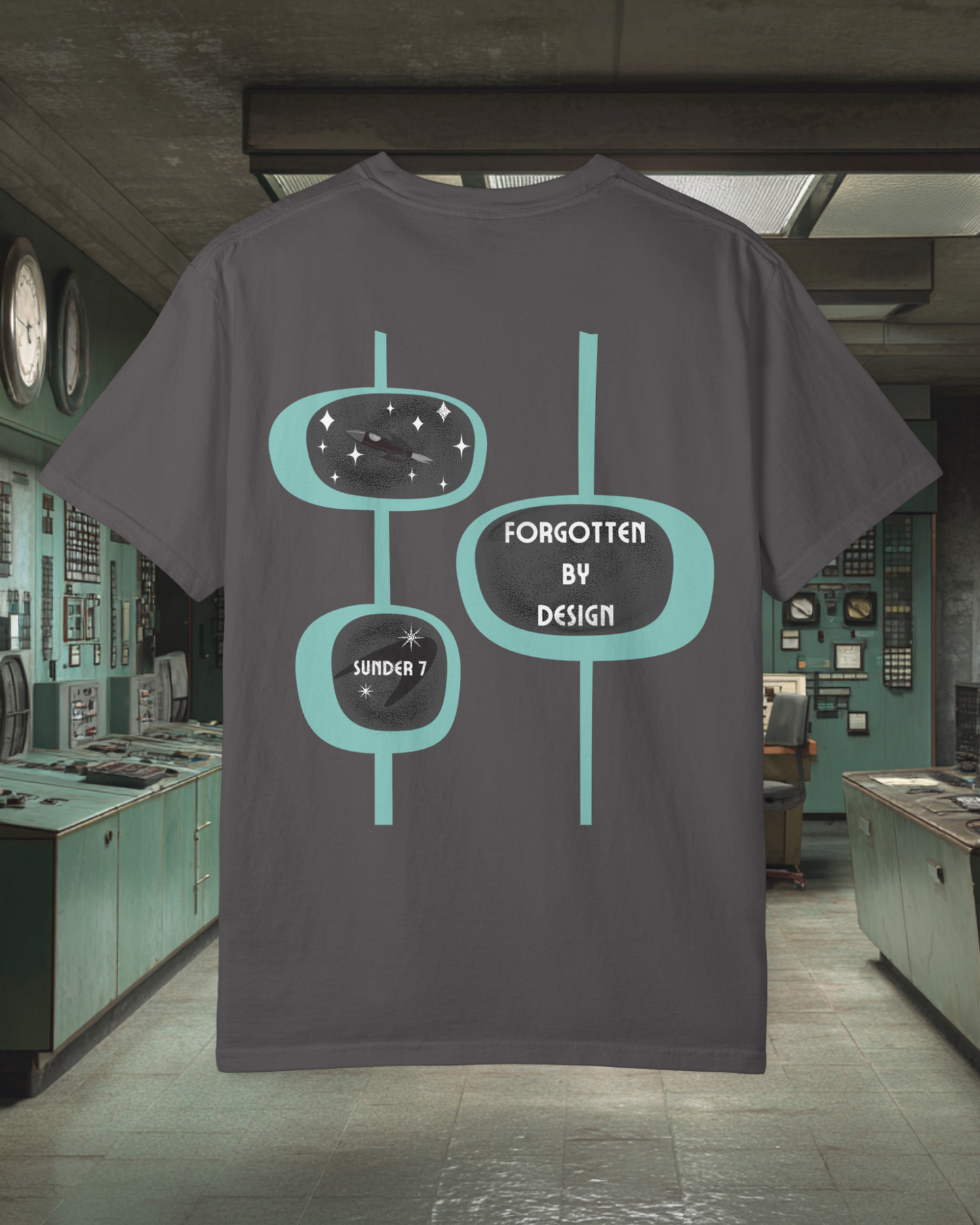 Forgotten By Design Sunder 7 Midcentury Modern Graphic Tshirt with Atomic era aesthetic Graphite