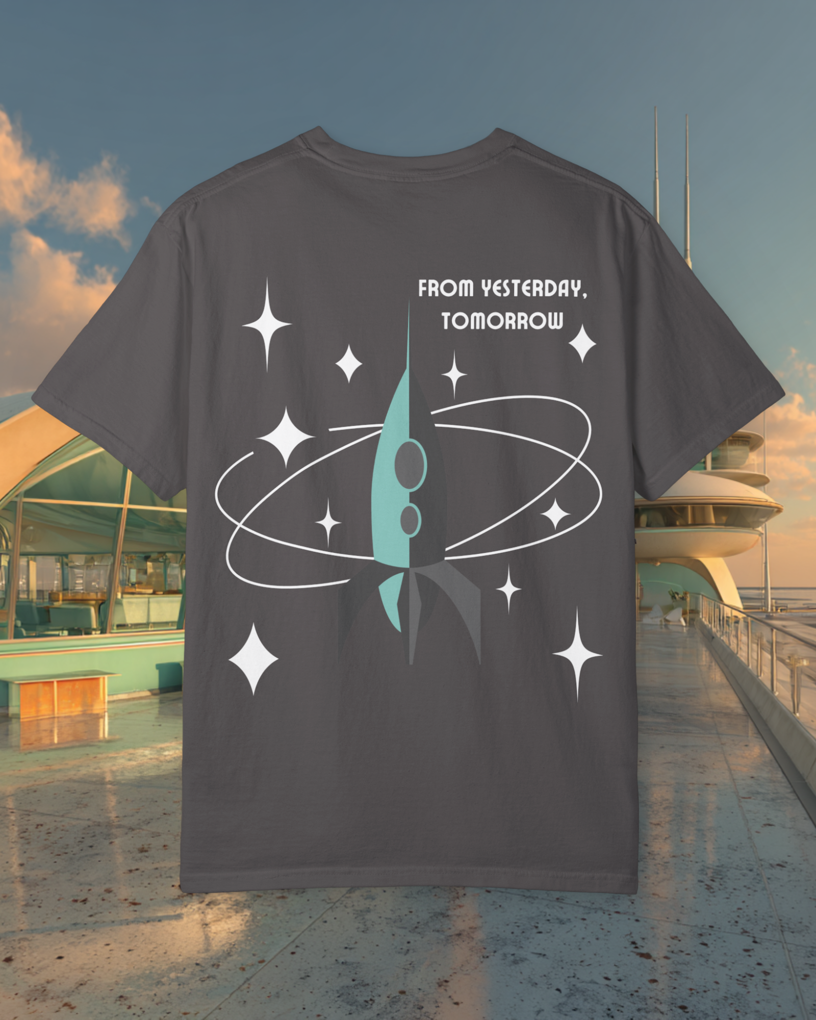 From Yesterday Tomorrow Sunder 7 Midcentury Modern Graphic Tshirt with Atomic era aesthetic Graphite