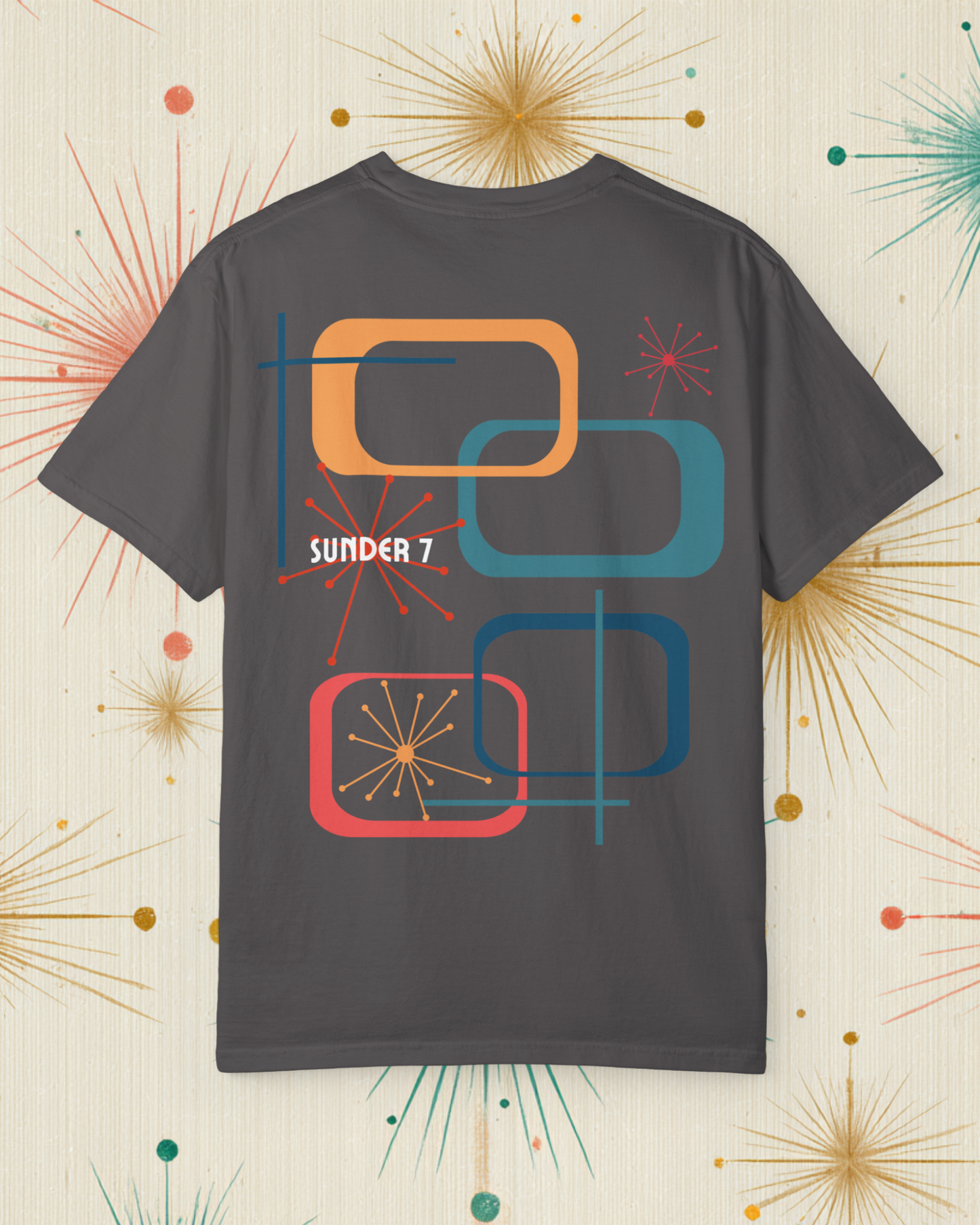 Sunder 7 Midcentury Modern Graphic Tshirt with Atomic era aesthetic  Graphite