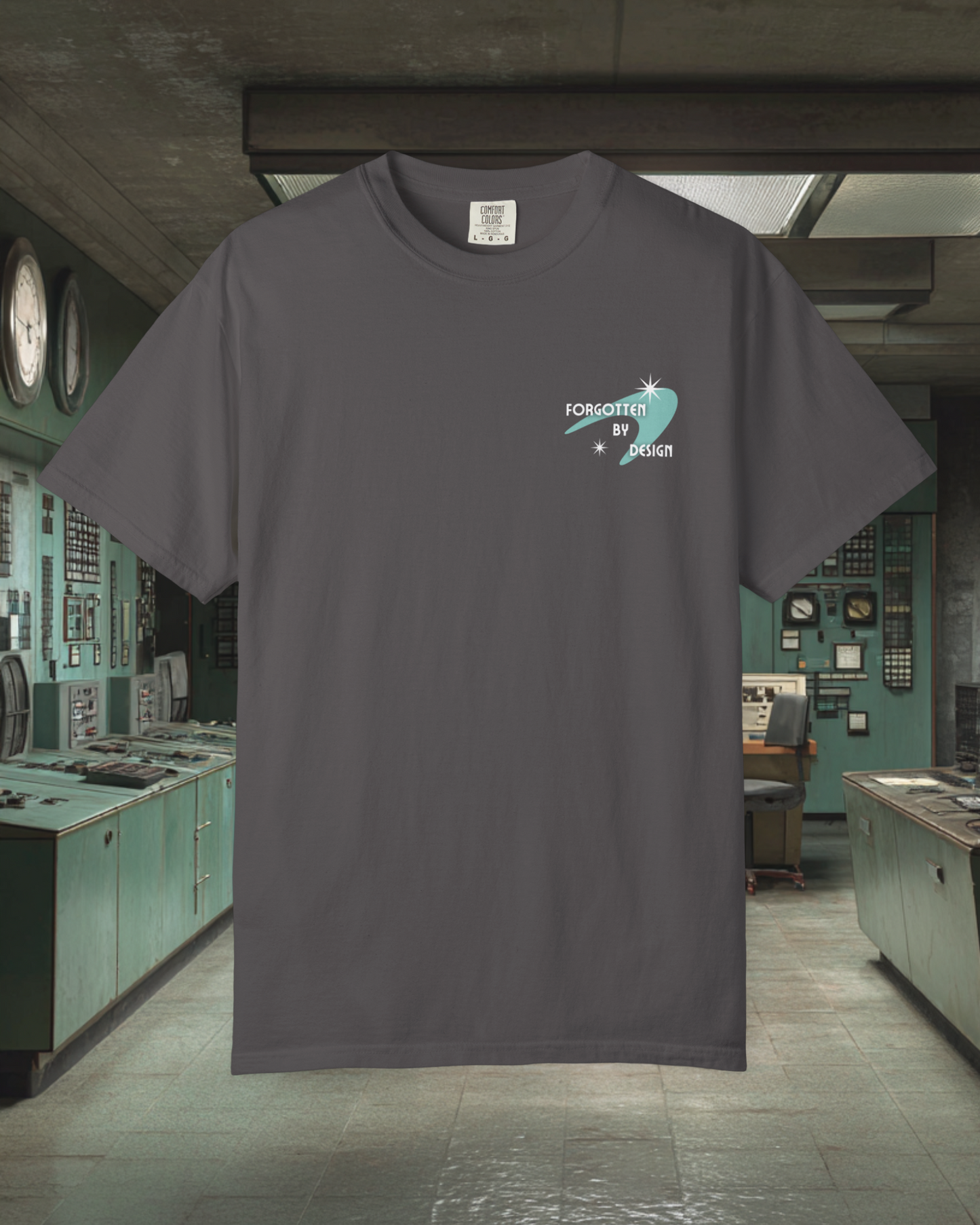 Forgotten By Design Sunder 7 Midcentury Modern Graphic Tshirt with Atomic era aesthetic Graphite