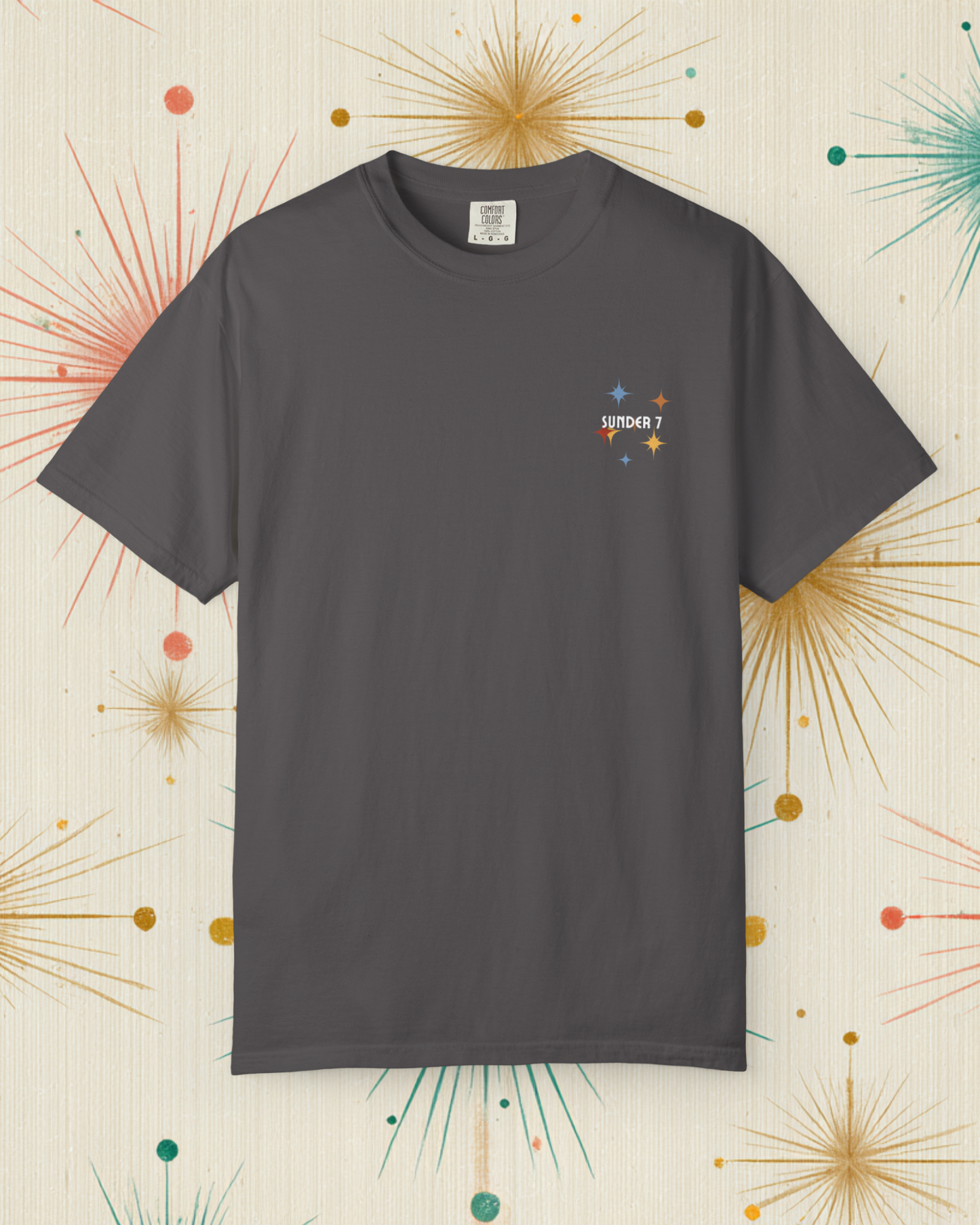 Sunder 7 Midcentury Modern Graphic Tshirt with Atomic era aesthetic  Graphite