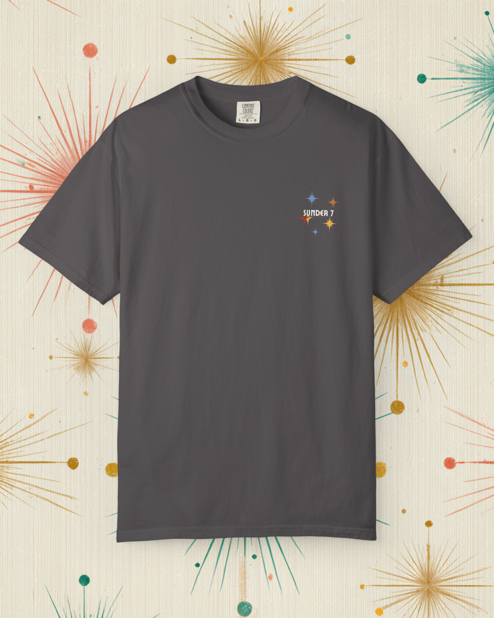 Sunder 7 Midcentury Modern Graphic Tshirt with Atomic era aesthetic  Graphite