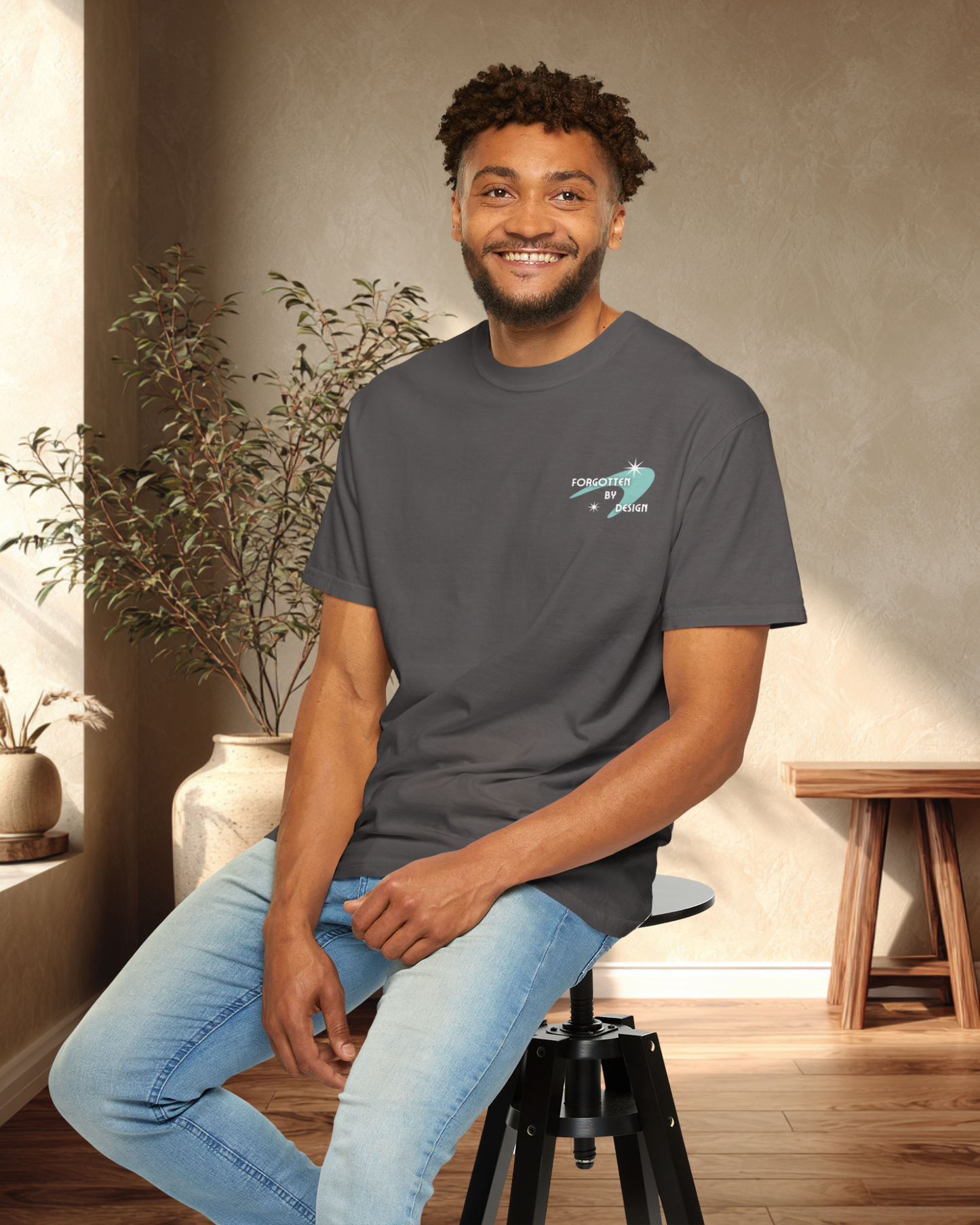 Forgotten By Design Sunder 7 Midcentury Modern Graphic Tshirt with Atomic era aesthetic Graphite