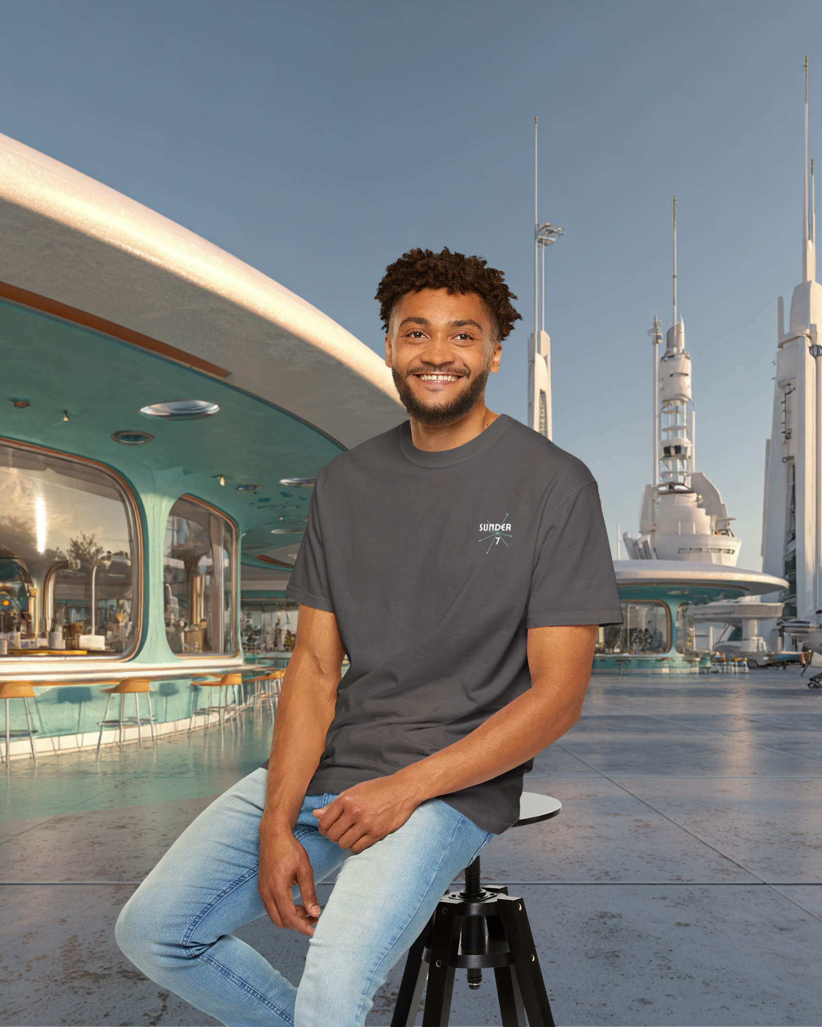 From Yesterday Tomorrow Sunder 7 Midcentury Modern Graphic Tshirt with Atomic era aesthetic Graphite