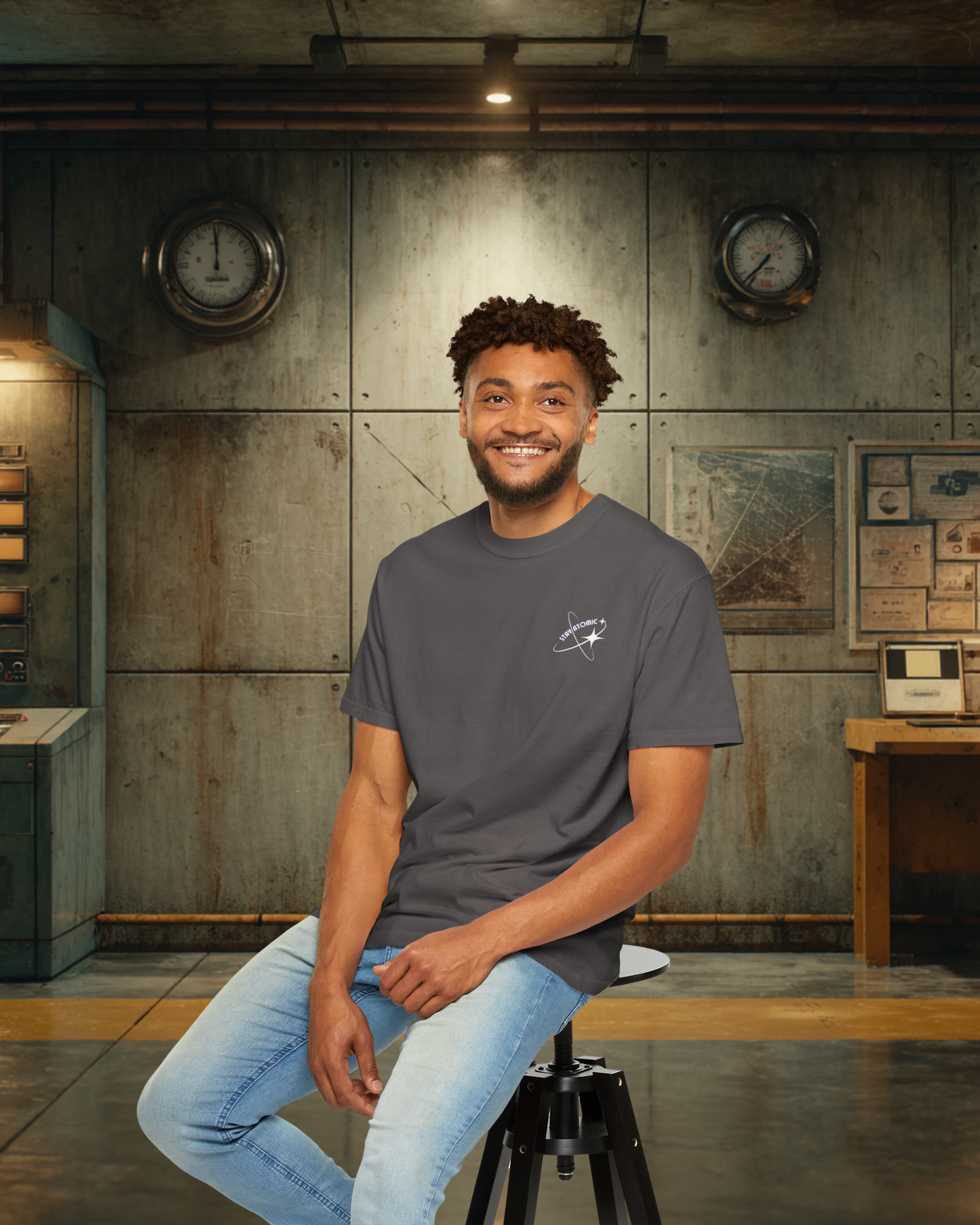 Stay Atomic Sunder 7 Midcentury Modern Graphic Tshirt with Atomic era aesthetic Graphite