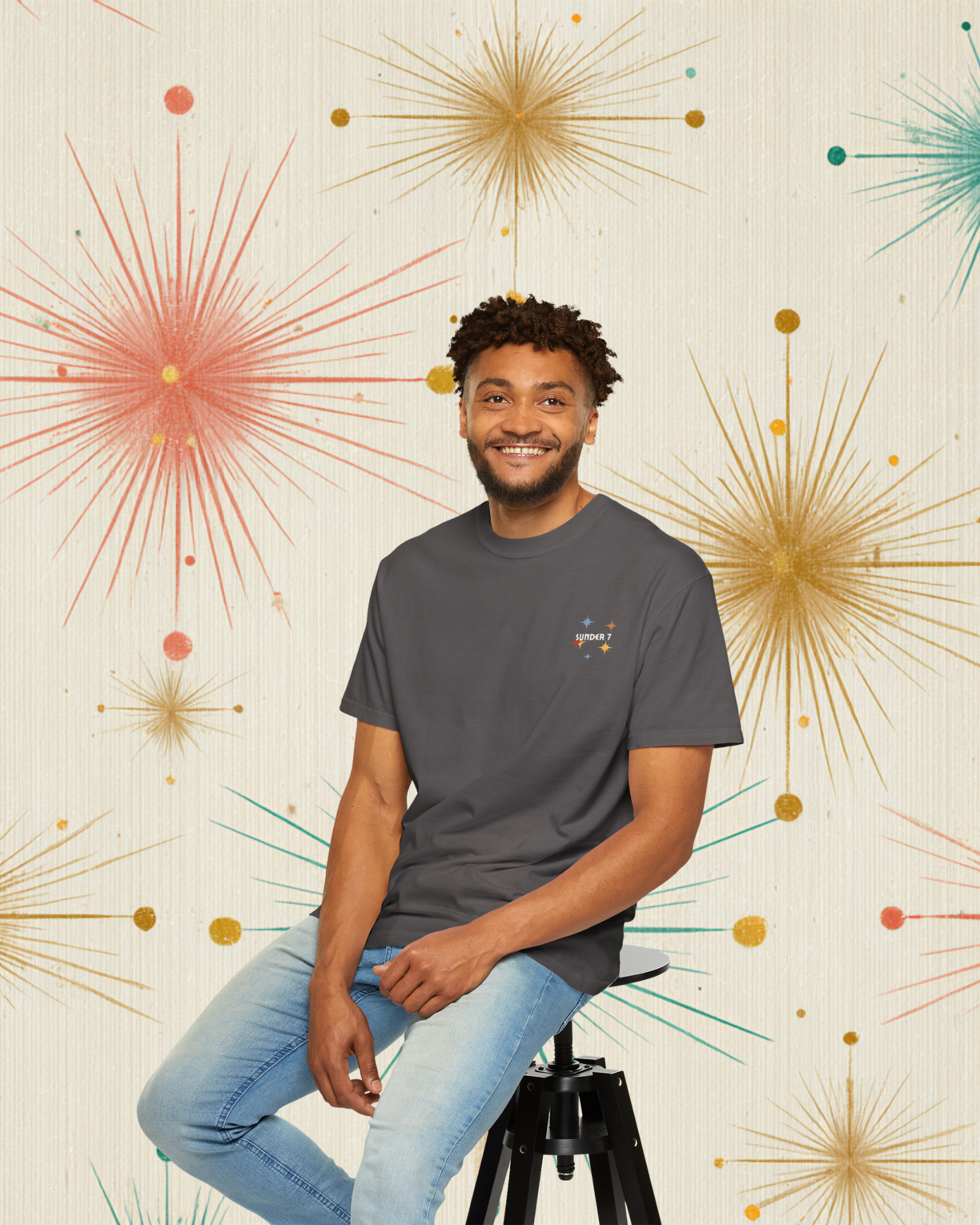 Sunder 7 Midcentury Modern Graphic Tshirt with Atomic era aesthetic Graphite