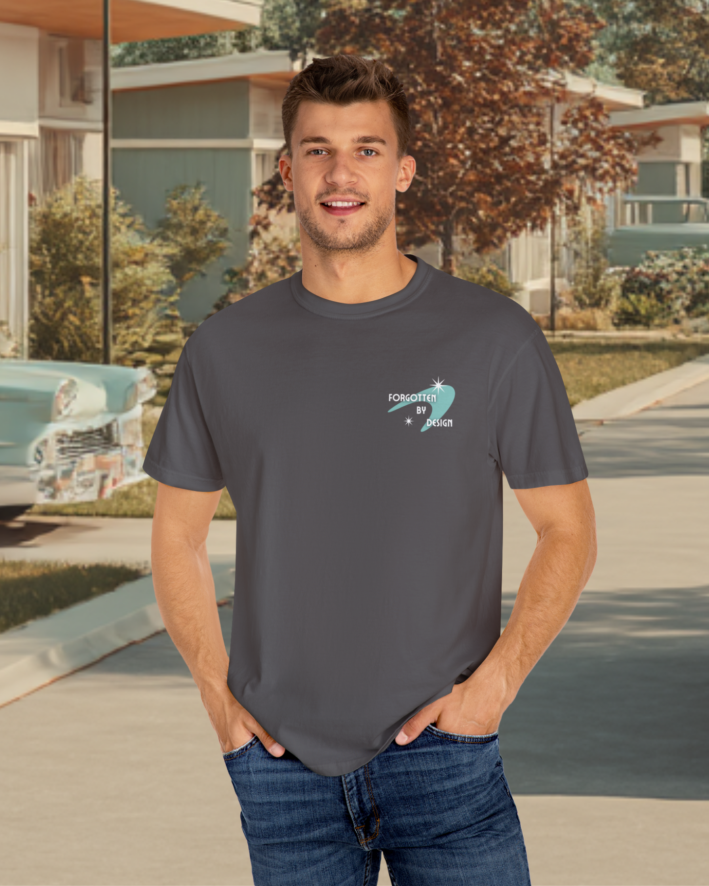 Forgotten By Design Sunder 7 Midcentury Modern Graphic Tshirt with Atomic era aesthetic Graphite