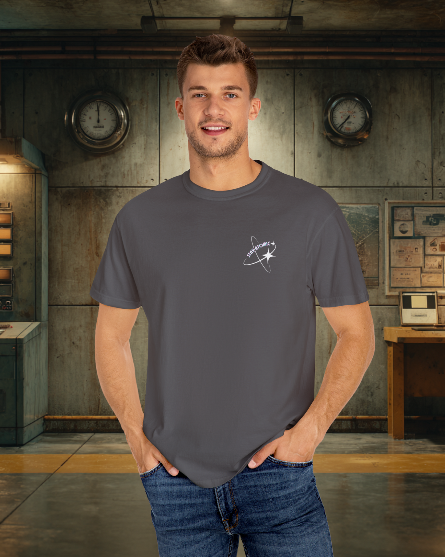 Stay Atomic Sunder 7 Midcentury Modern Graphic Tshirt with Atomic era aesthetic Graphite