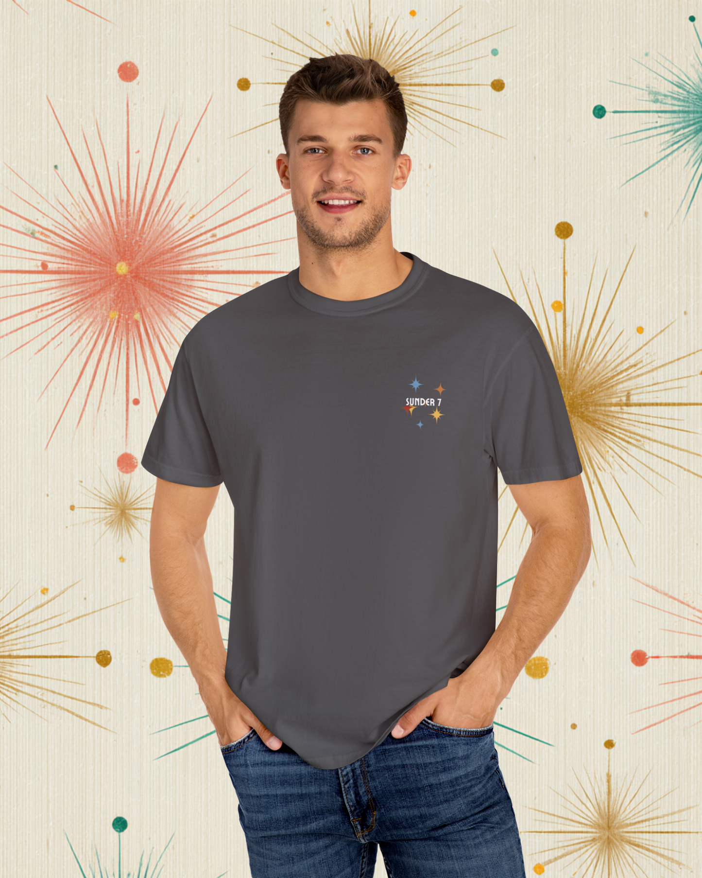 Sunder 7 Midcentury Modern Graphic Tshirt with Atomic era aesthetic Graphite