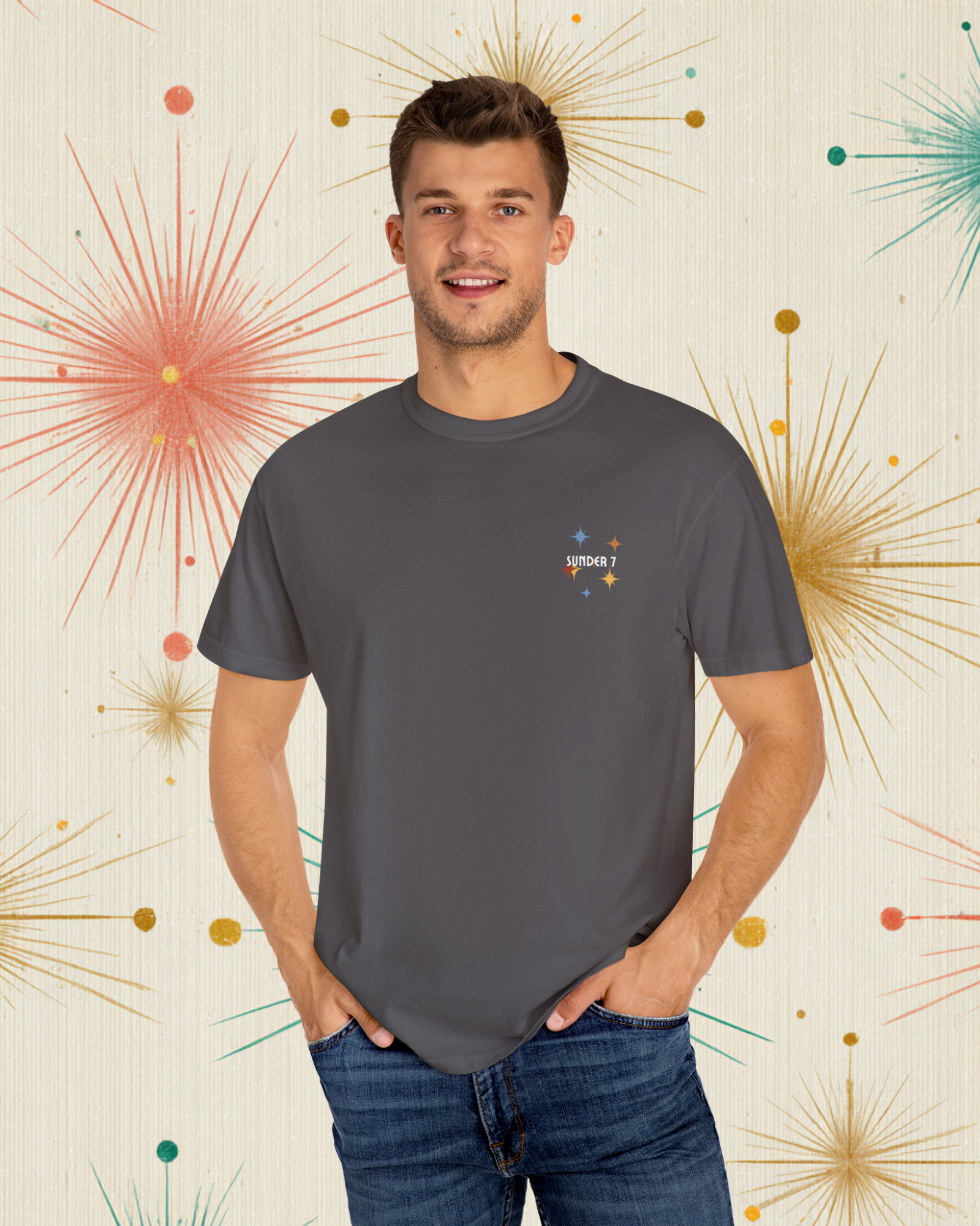 Sunder 7 Midcentury Modern Graphic Tshirt with Atomic era aesthetic Graphite