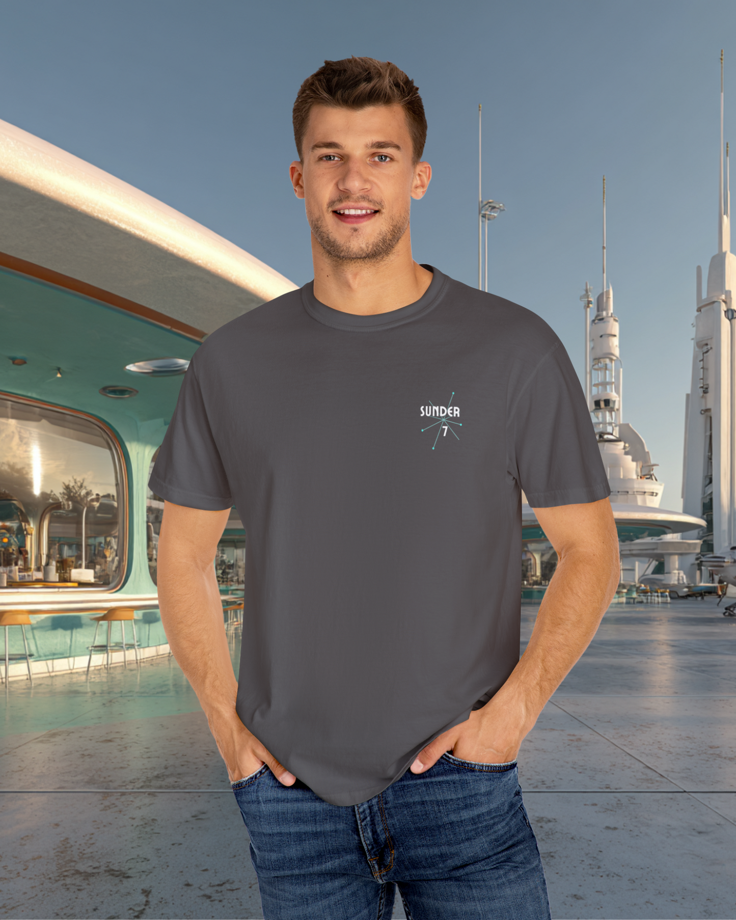 From Yesterday Tomorrow Sunder 7 Midcentury Modern Graphic Tshirt with Atomic era aesthetic Graphite