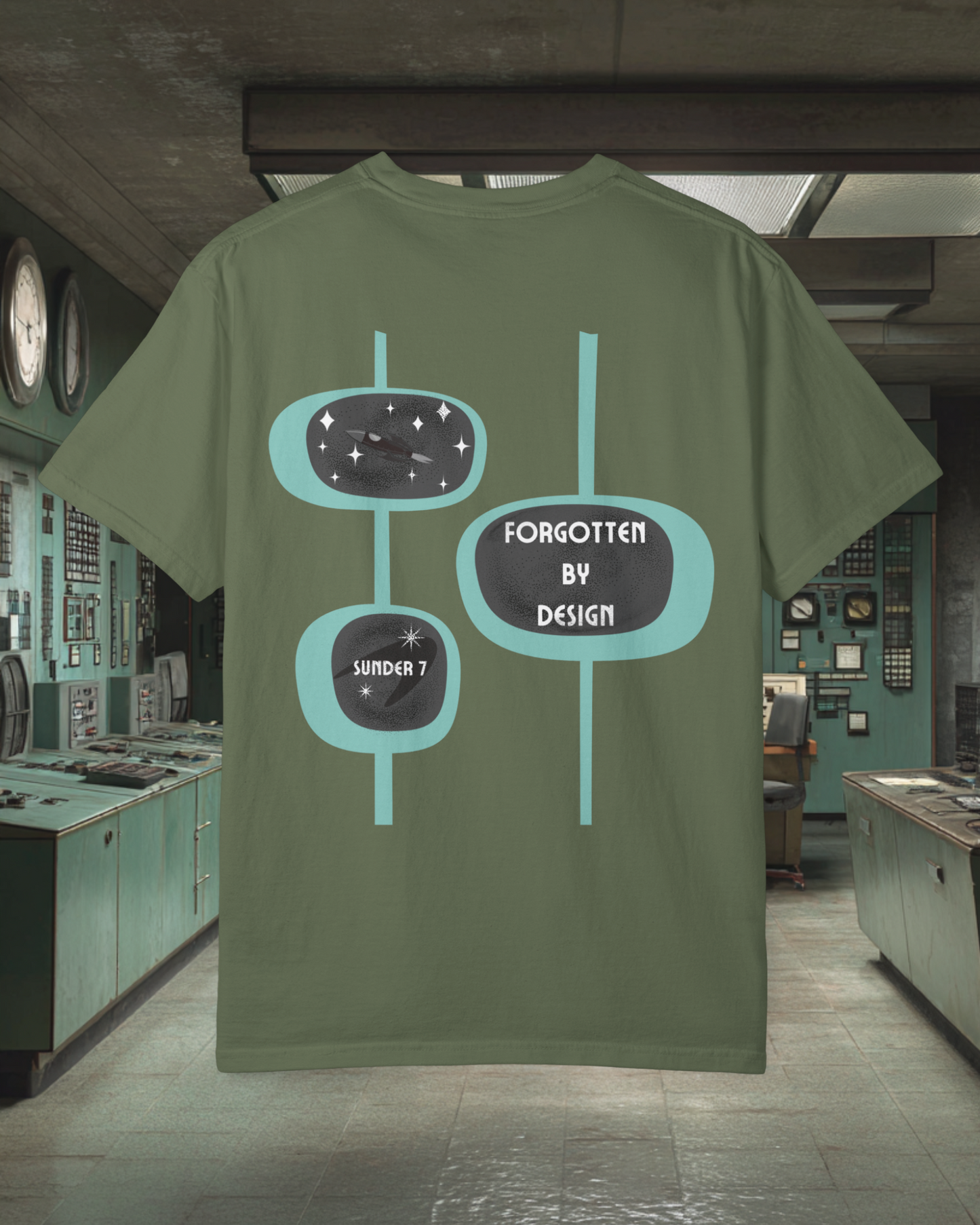 Forgotten By Design Sunder 7 Midcentury Modern Graphic Tshirt with Atomic era aesthetic Sage