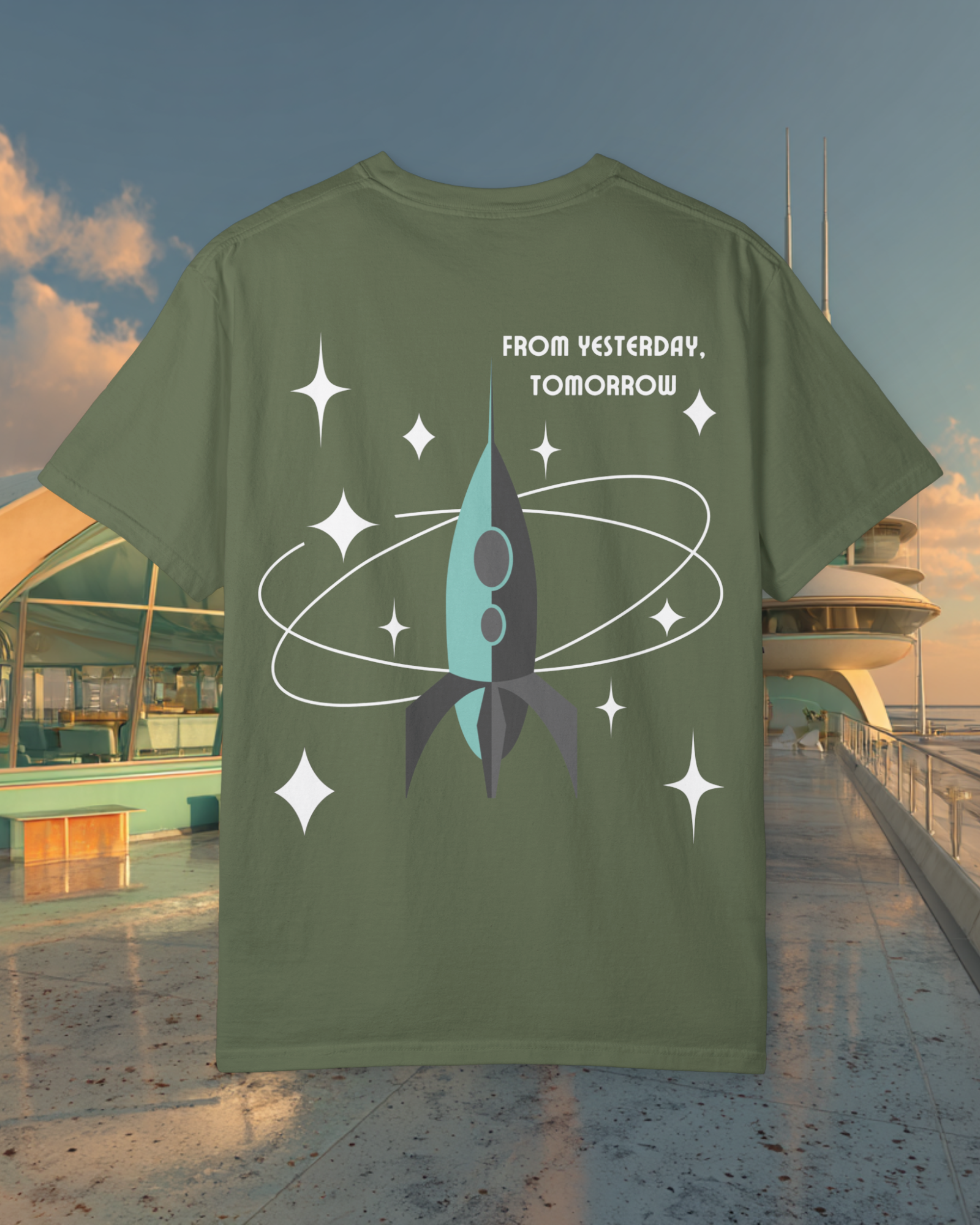 From Yesterday Tomorrow Sunder 7 Midcentury Modern Graphic Tshirt with Atomic era aesthetic Sage