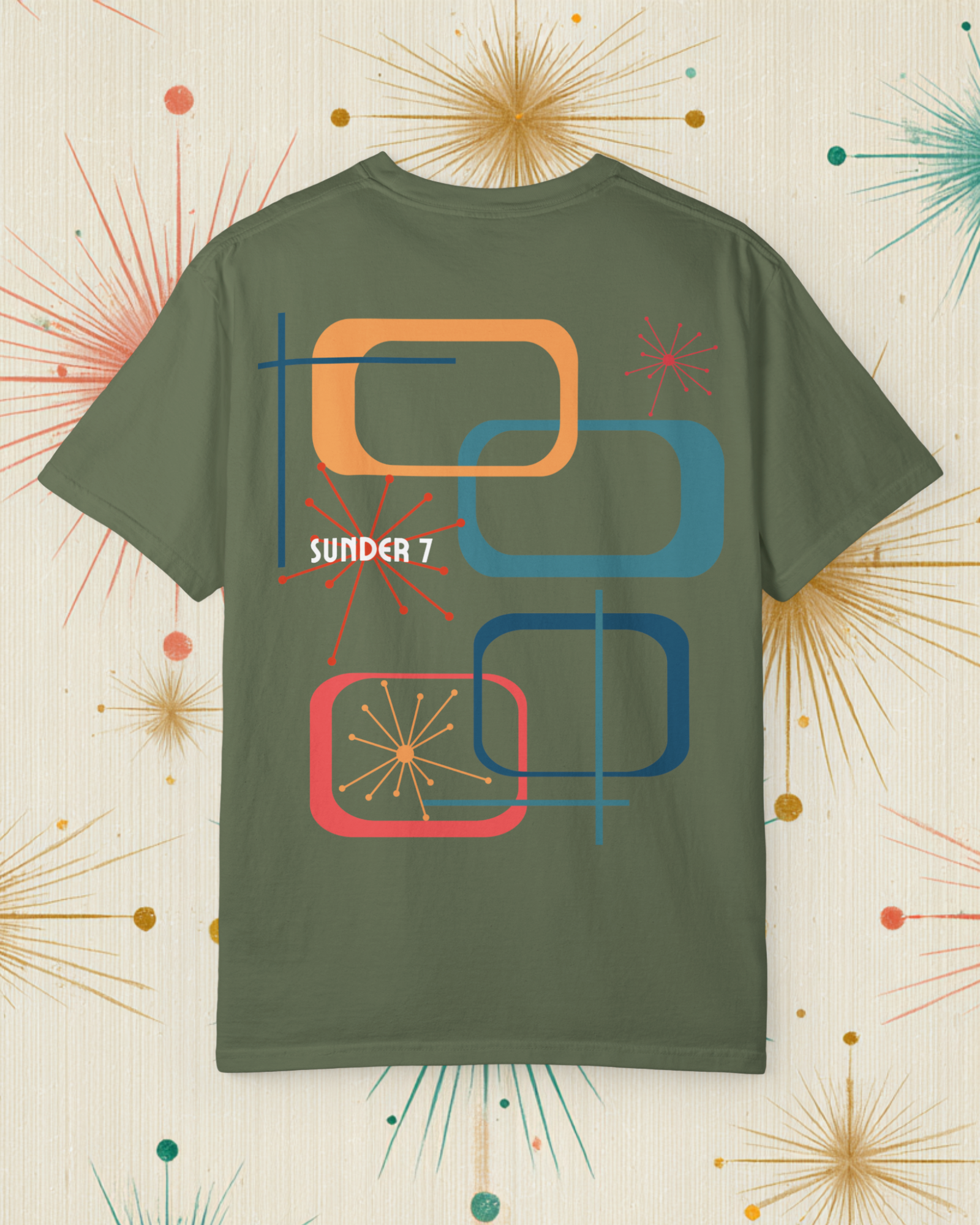 Sunder 7 Midcentury Modern Graphic Tshirt with Atomic era aesthetic  Sage