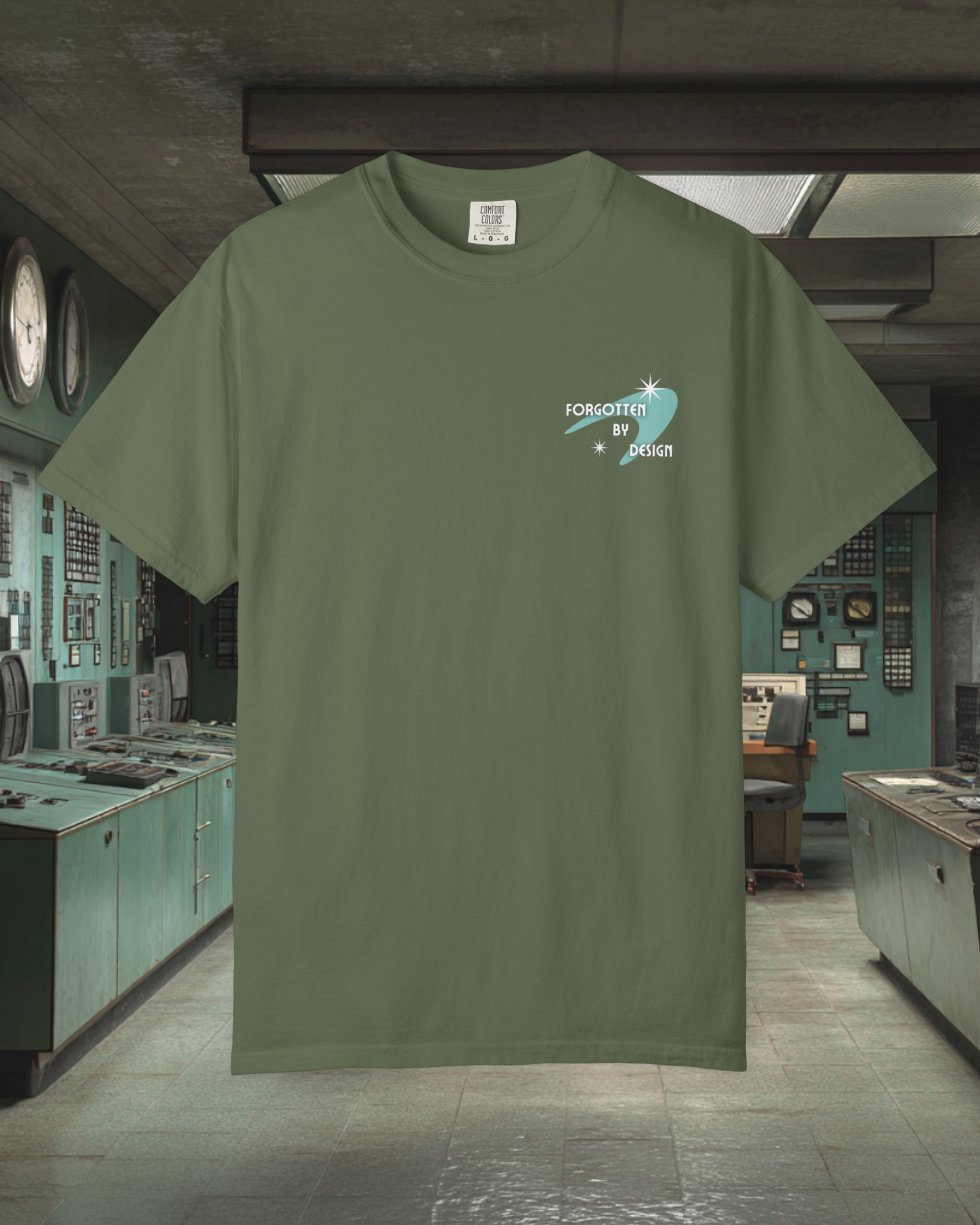 Forgotten By Design Sunder 7 Midcentury Modern Graphic Tshirt with Atomic era aesthetic Sage