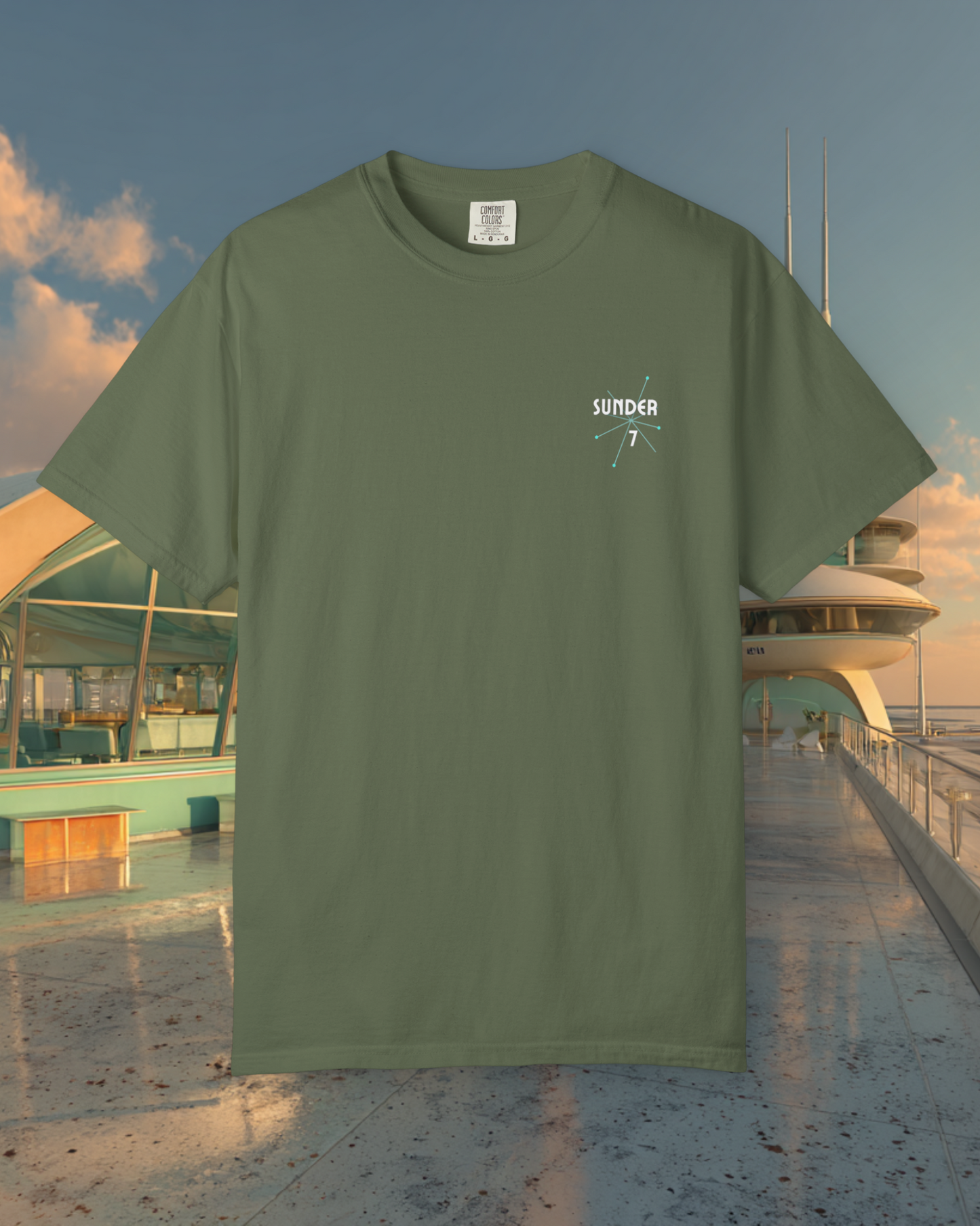 From Yesterday Tomorrow Sunder 7 Midcentury Modern Graphic Tshirt with Atomic era aesthetic  Sage