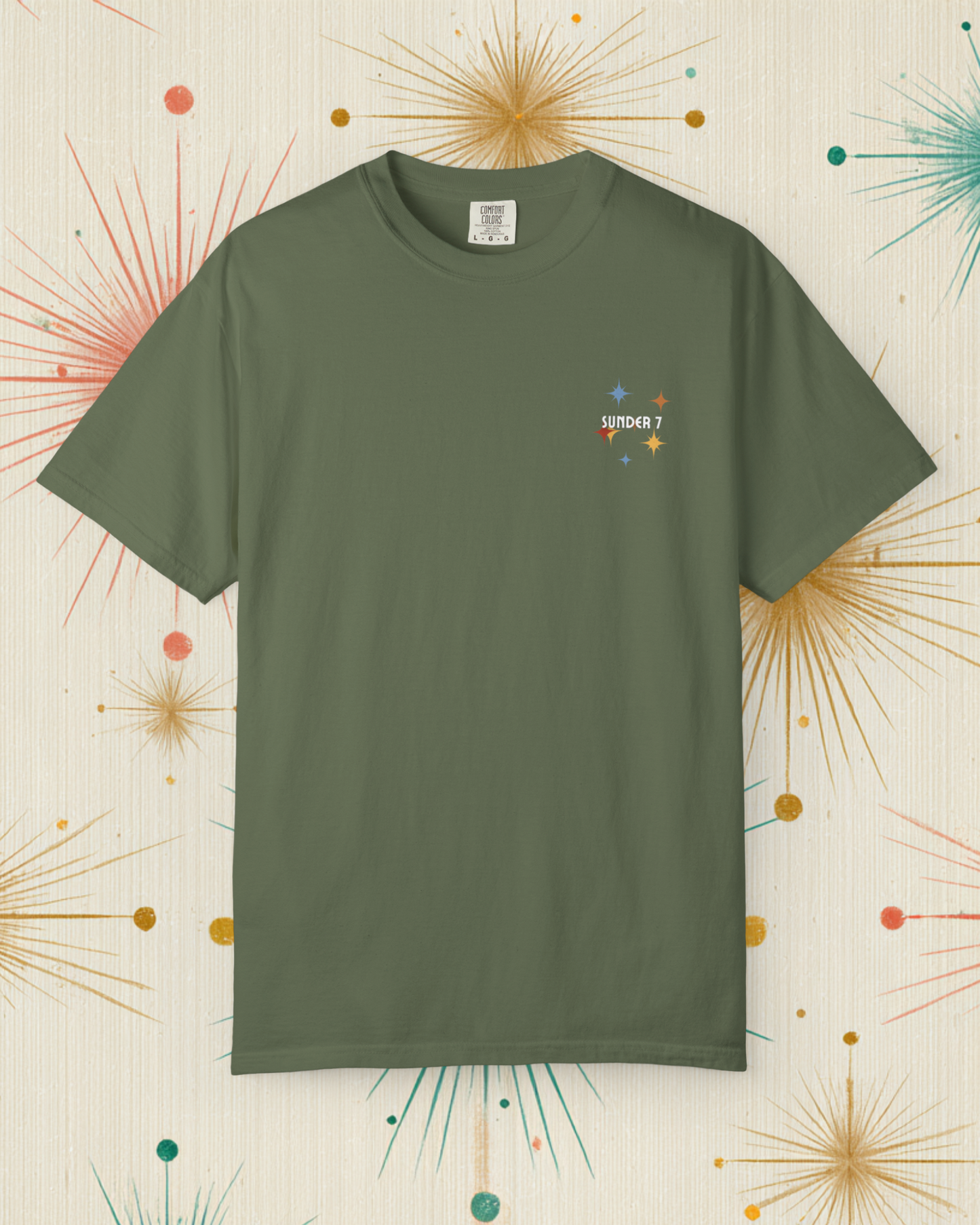 Sunder 7 Midcentury Modern Graphic Tshirt with Atomic era aesthetic Sage