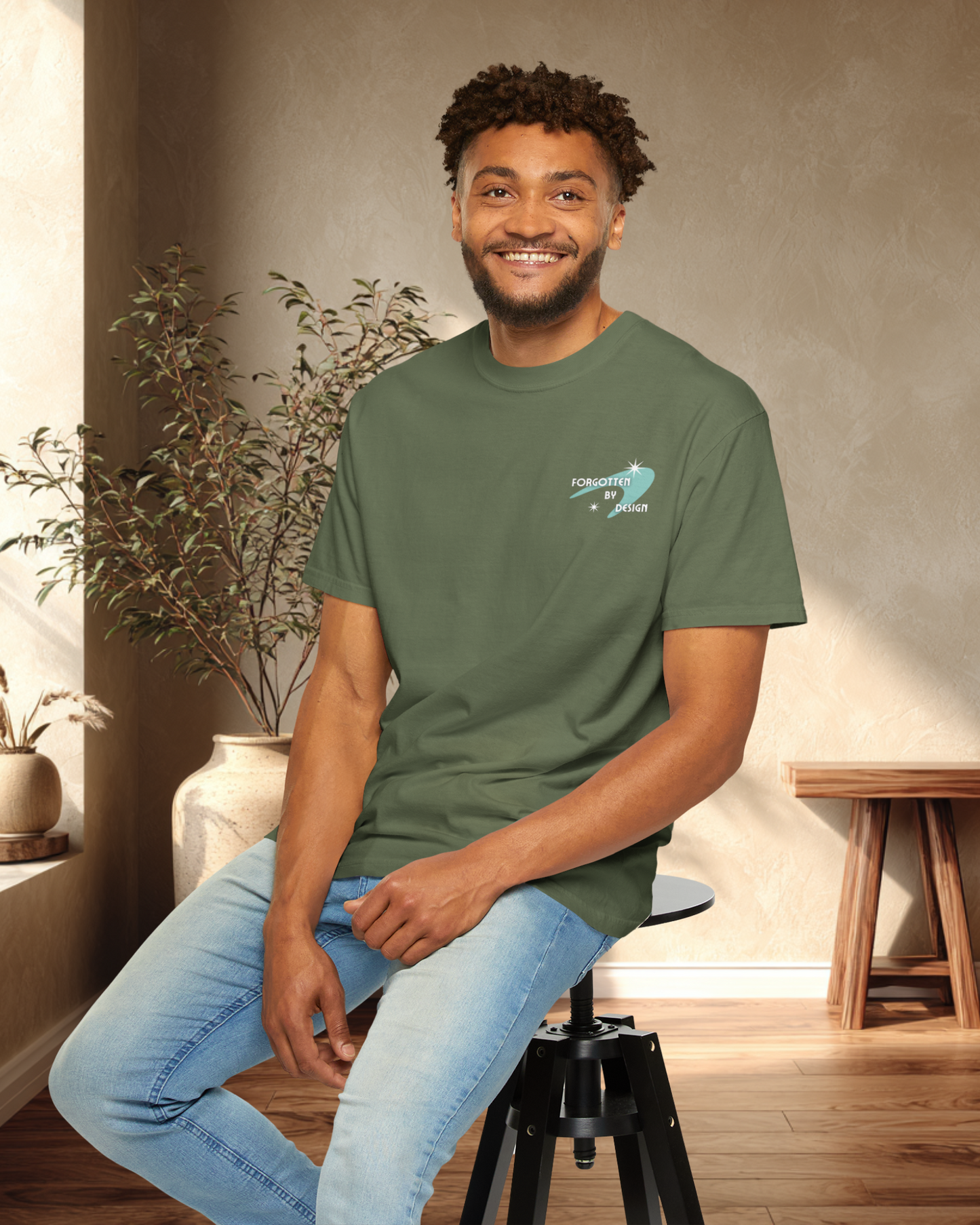 Forgotten By Design Sunder 7 Midcentury Modern Graphic Tshirt with Atomic era aesthetic Sage